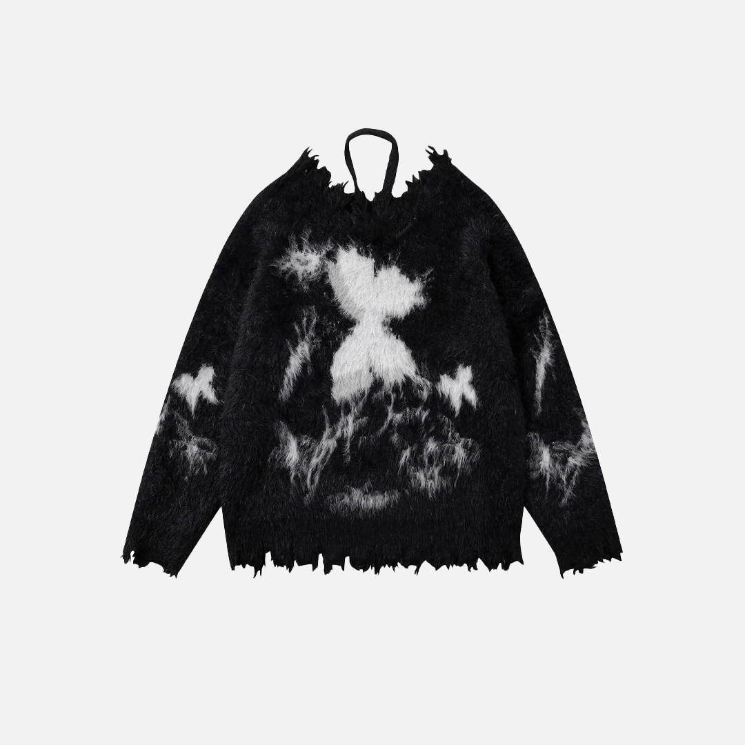 Butterfly Graphic Distressed Hem Fuzzy Sweater - Luxuryurbanwear