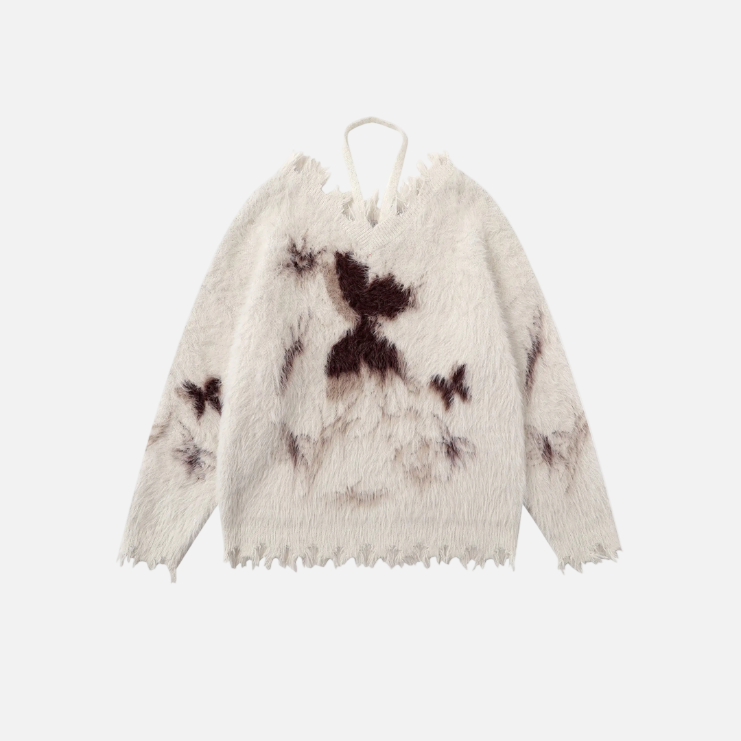 Butterfly Graphic Distressed Hem Fuzzy Sweater