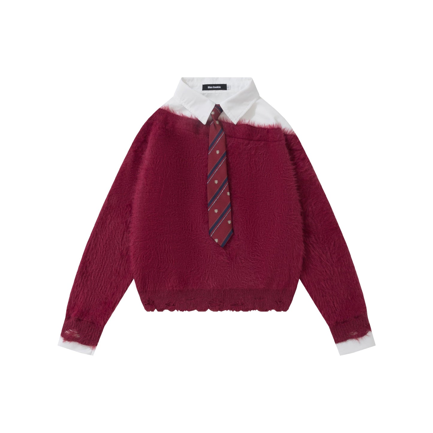 Preppy Fuzz | Mock-Layered Tie Collar Sweater - Luxuryurbanwear