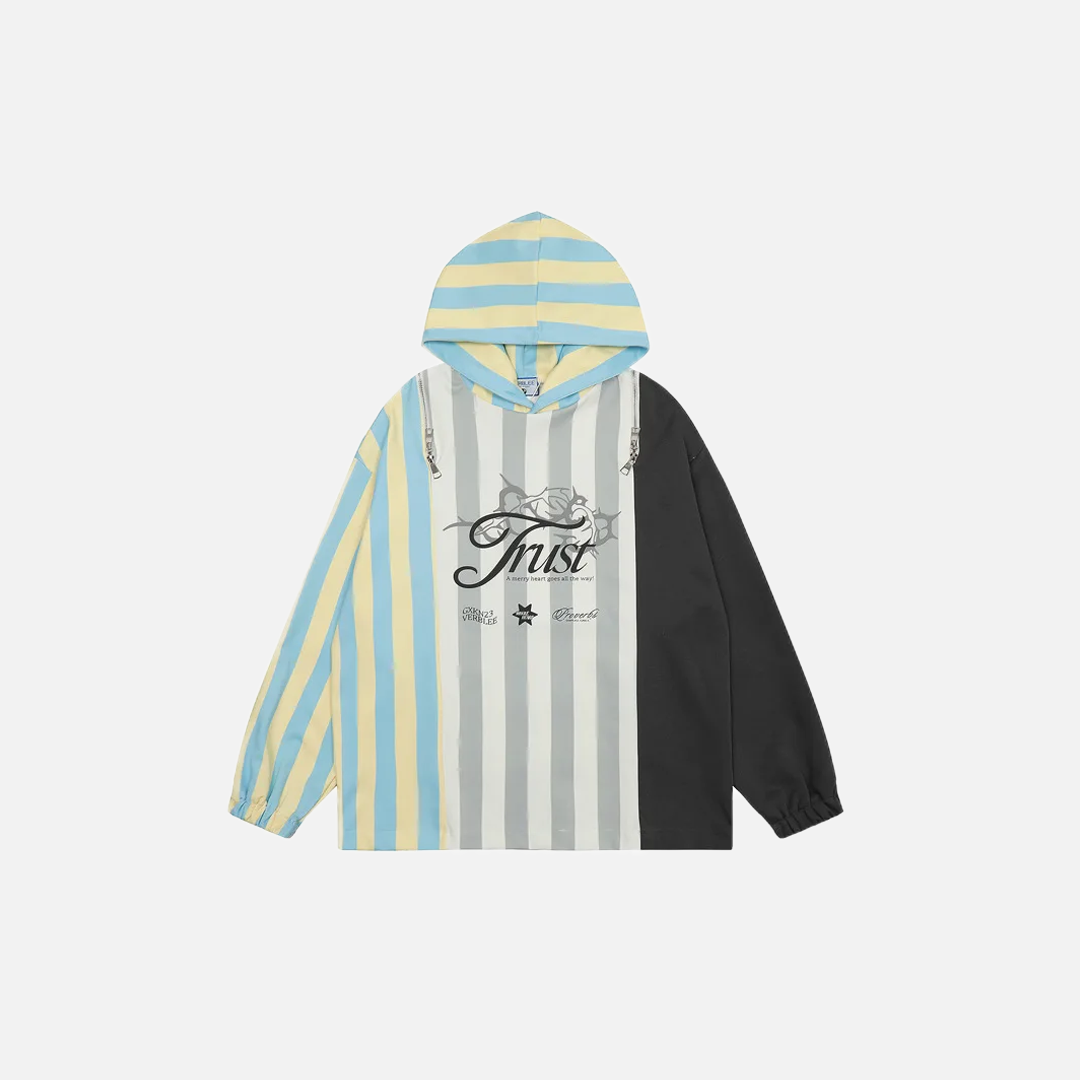 Y2K Insulated Retro Striped Patchwork Zipper Hoodie - Luxuryurbanwear