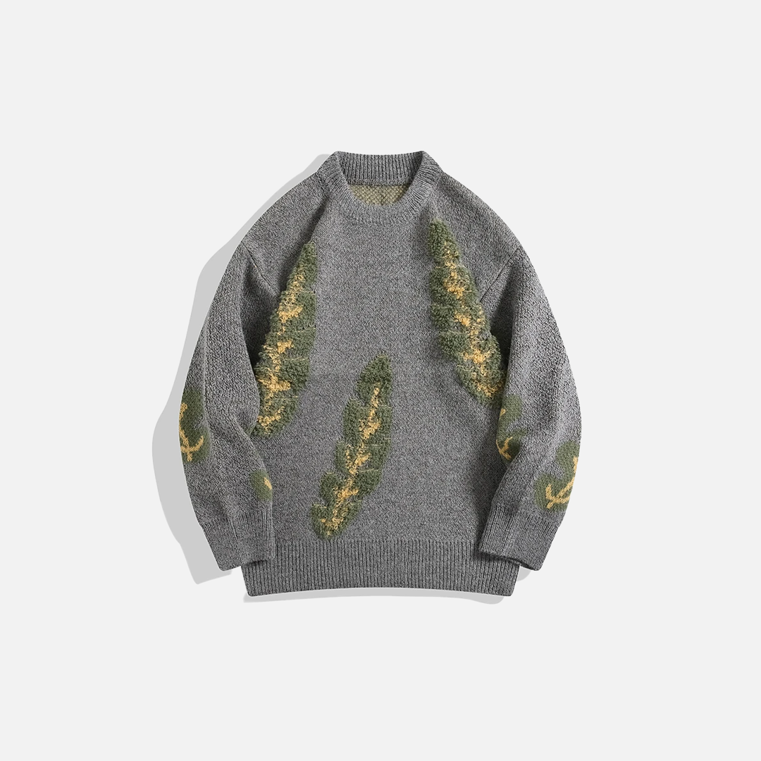 Y2K Japanese Style Leaf Jacquard O-Neck Sweater - Luxuryurbanwear