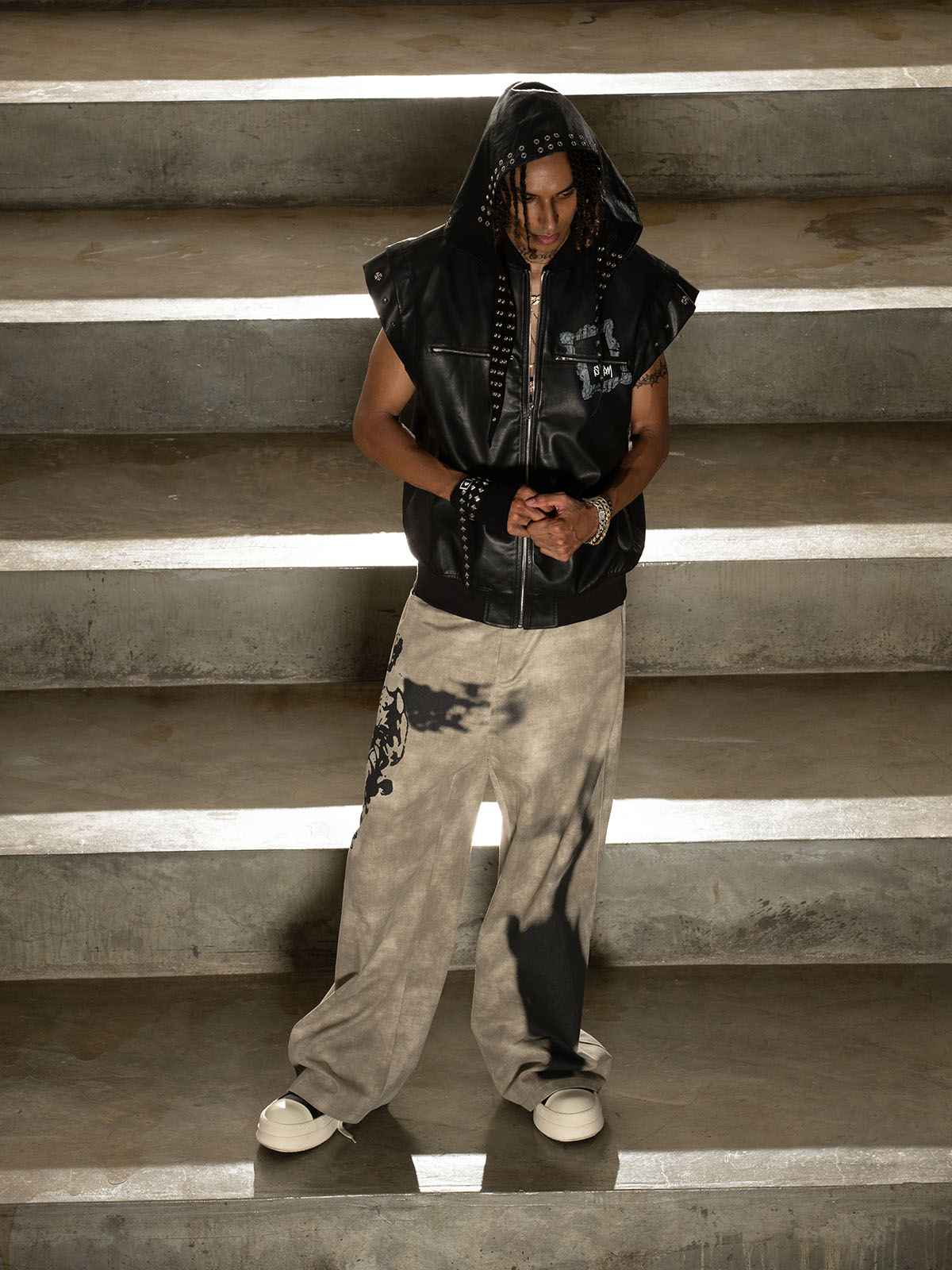 Thorn Destruction Frame Pattern Leather Vest