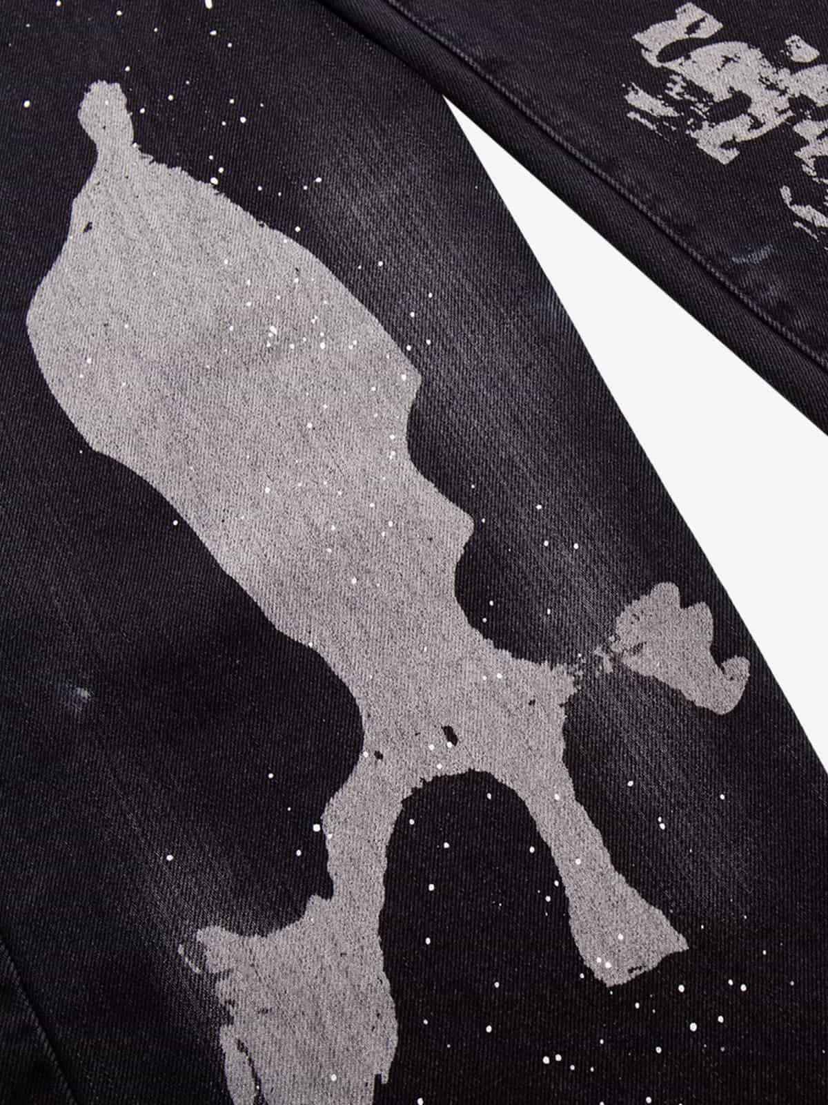 Retro Rhinestone Graffiti Washed Straight Jeans