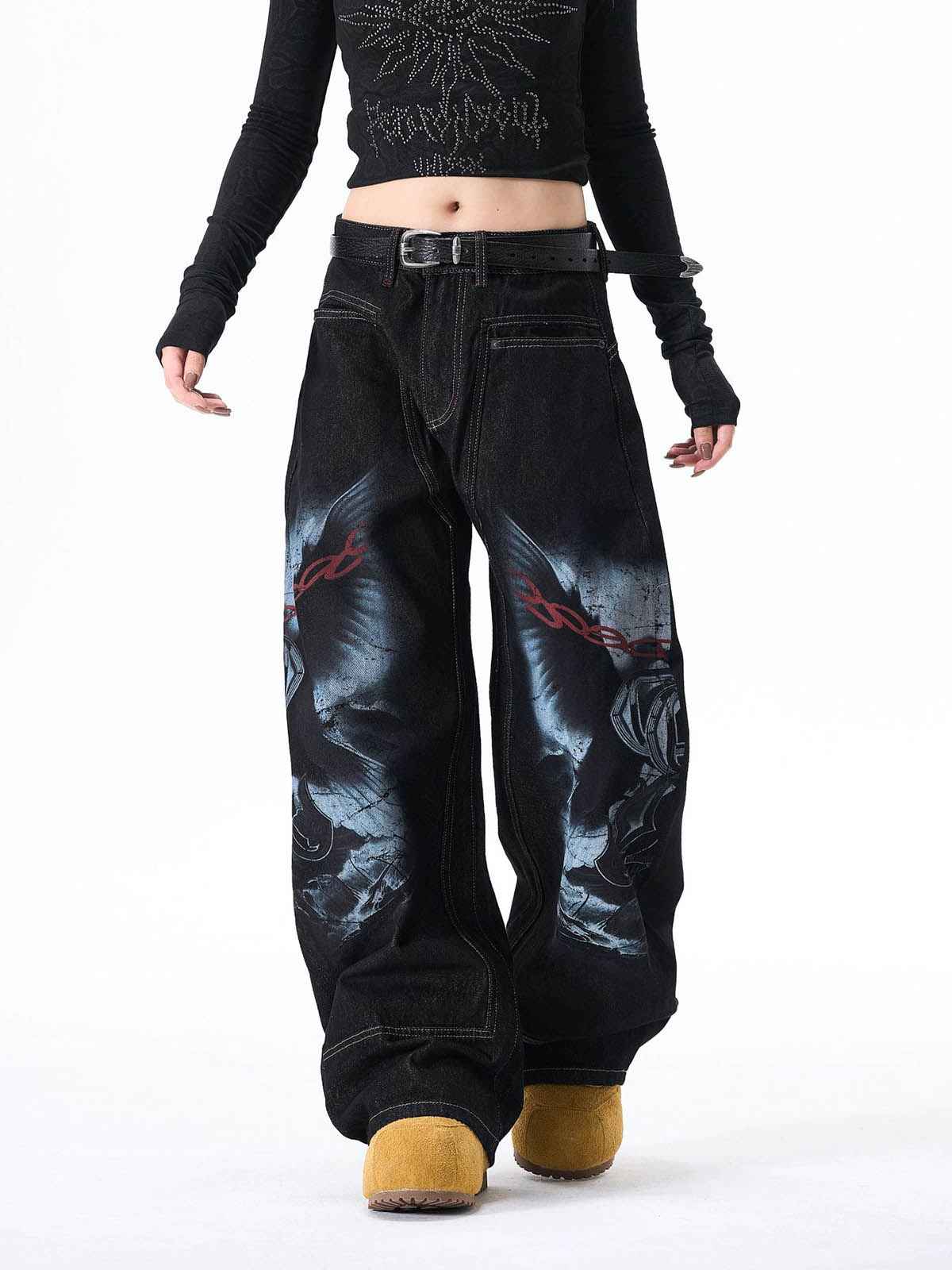 Dark Gothic Graphic Wide-Leg Jeans