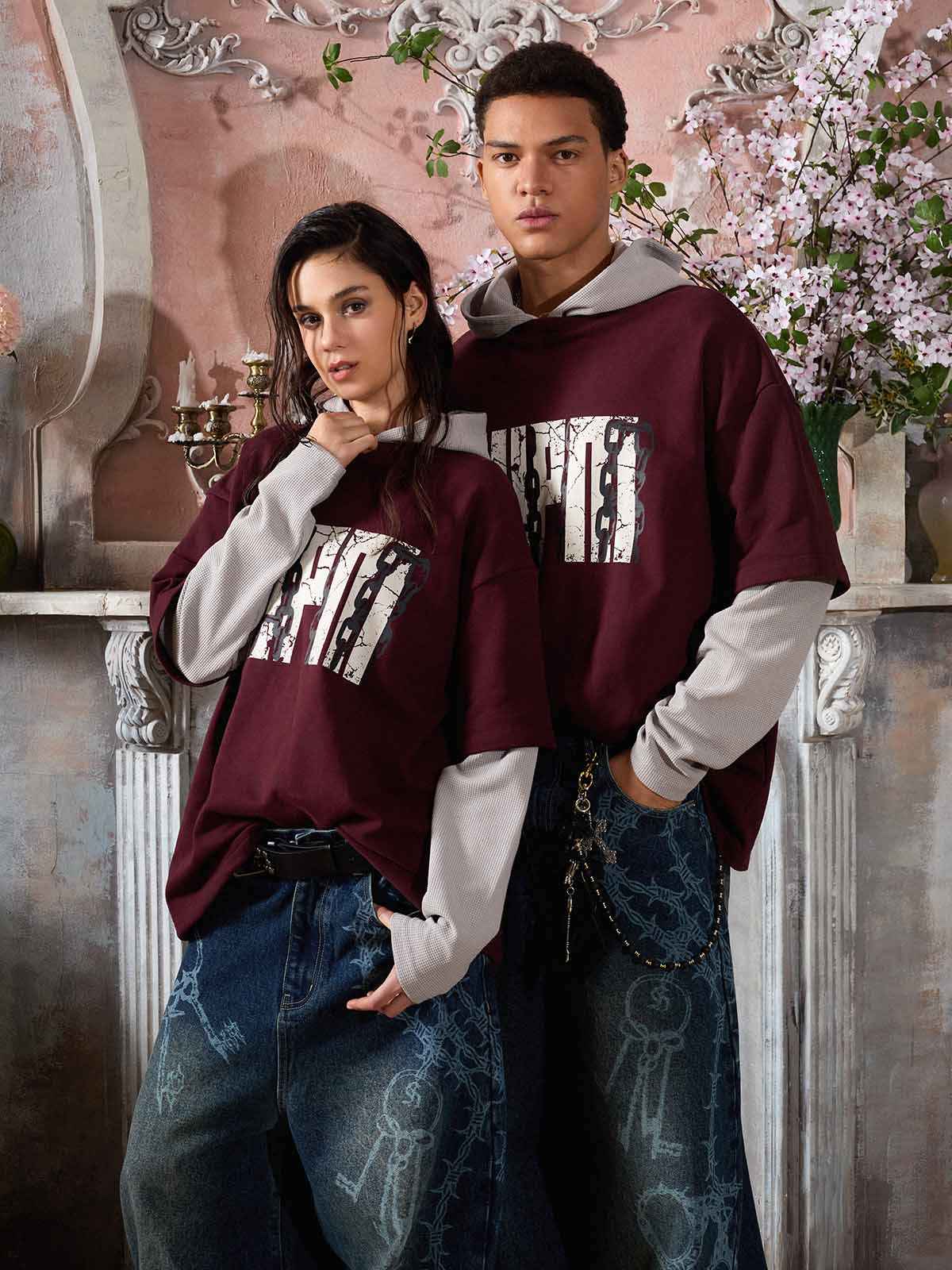 Original Print Faux Two-Piece Hooded Long-Sleeve T-Shirt
