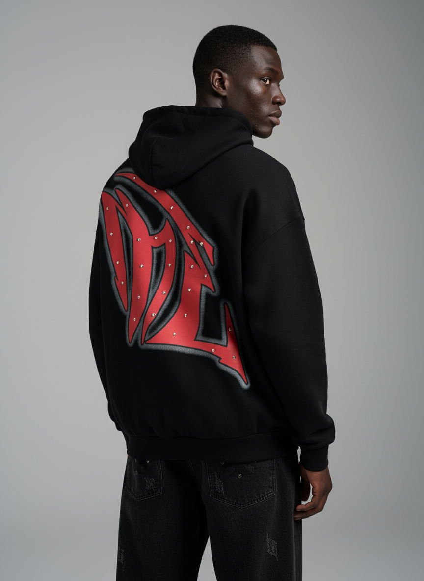 Retro Gothic Print Rhinestone Zip-Up Hoodie - Luxuryurbanwear