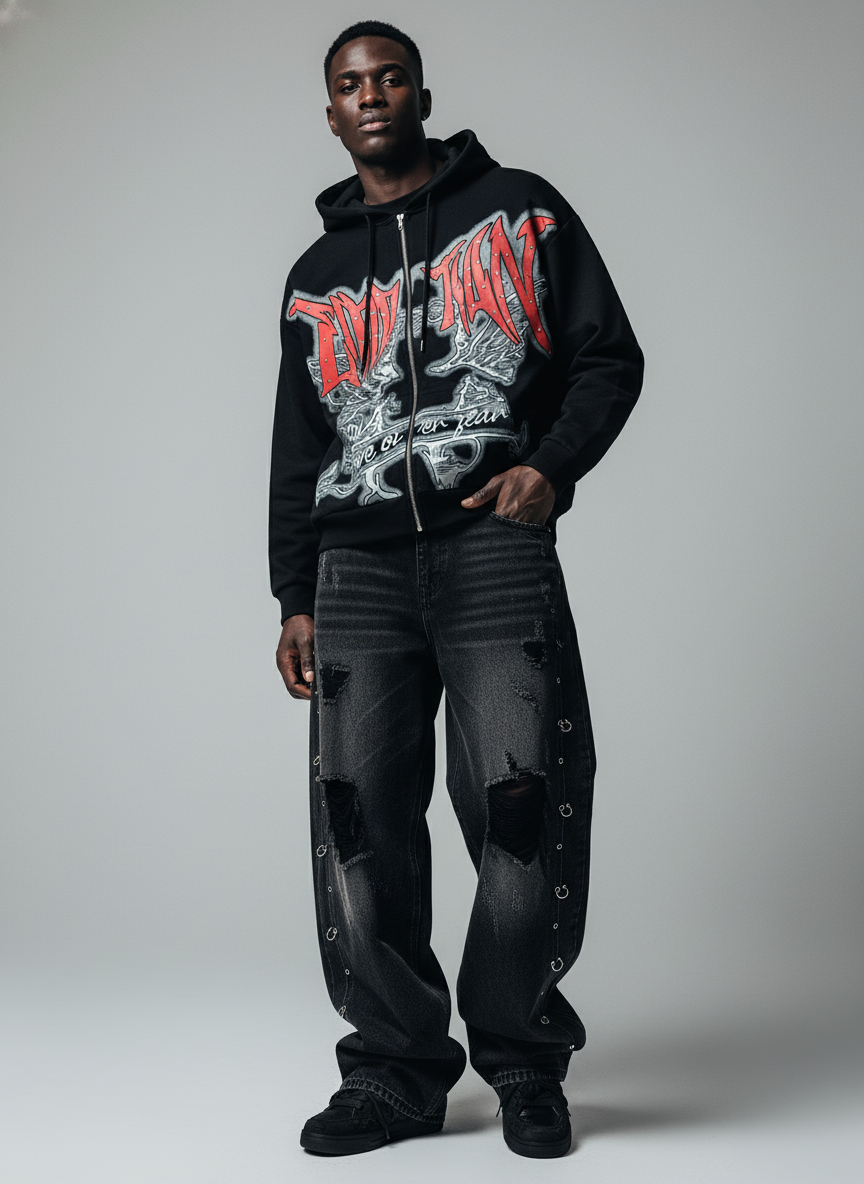 Vintage Washed Distressed Metal Ring Baggy Jeans - Luxuryurbanwear