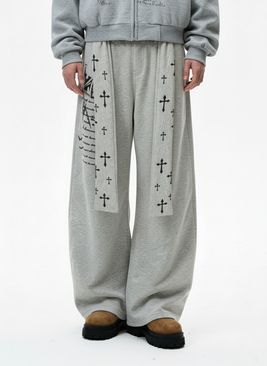 Cross Print Long Tie Detail Baggy Sweatpants - Luxuryurbanwear