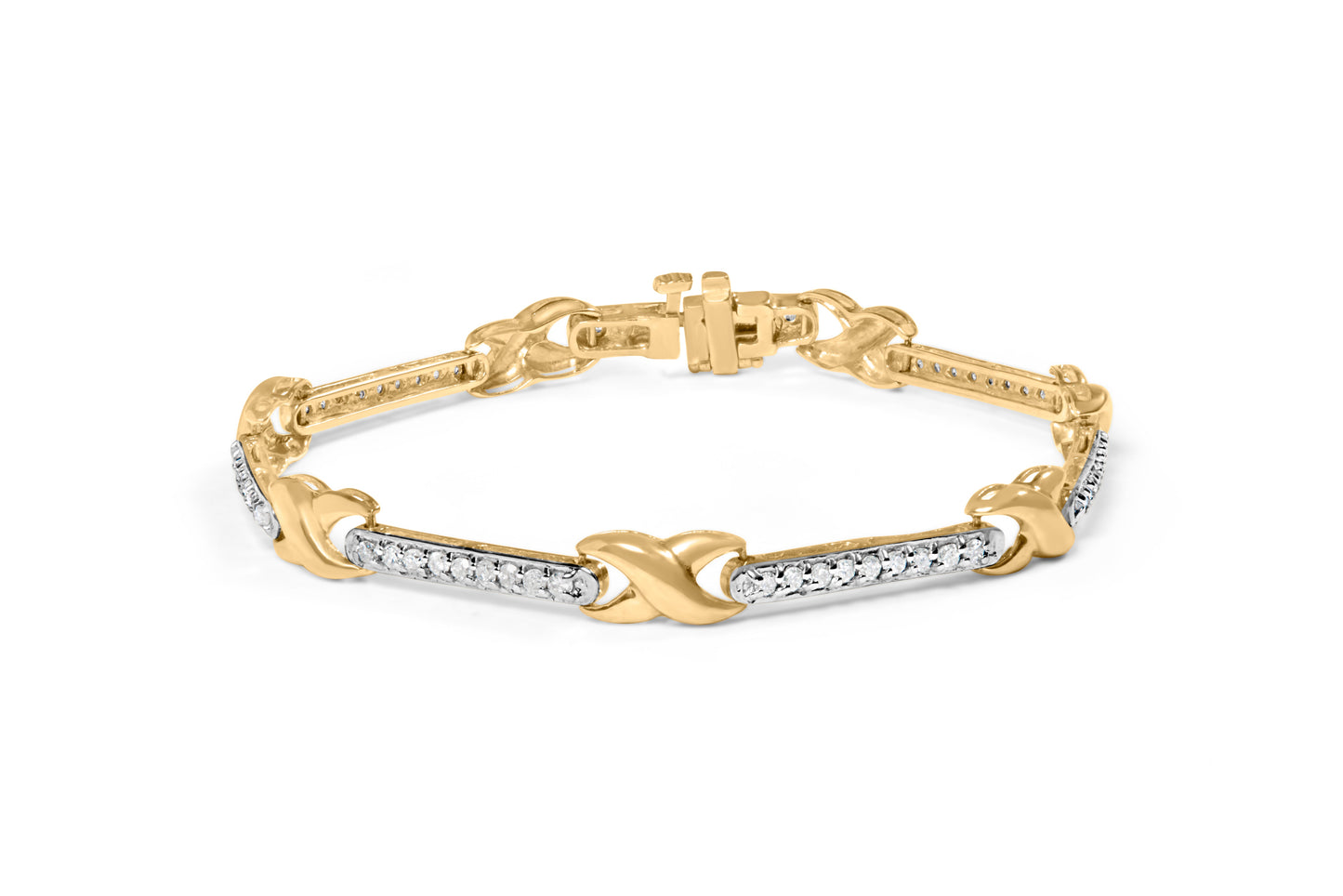 10K Yellow Gold 1.00 Cttw Pave Set Diamond Bar and X-Link 7" Bracelet (I-J Color, I3 Quality)
