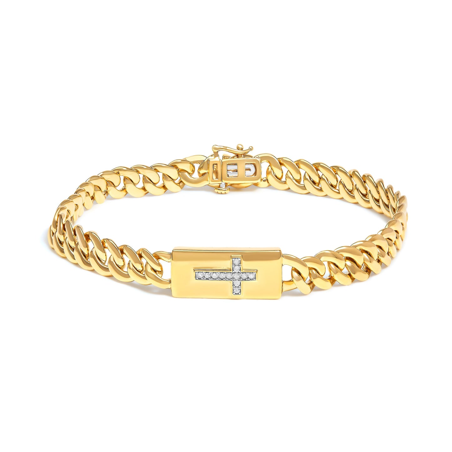 14K Yellow Gold Plated .925 Sterling Silver Diamond Accent Inlaid Cross Cuban Link Bracelet (I-J Color, I3 Clarity)- 7.25"