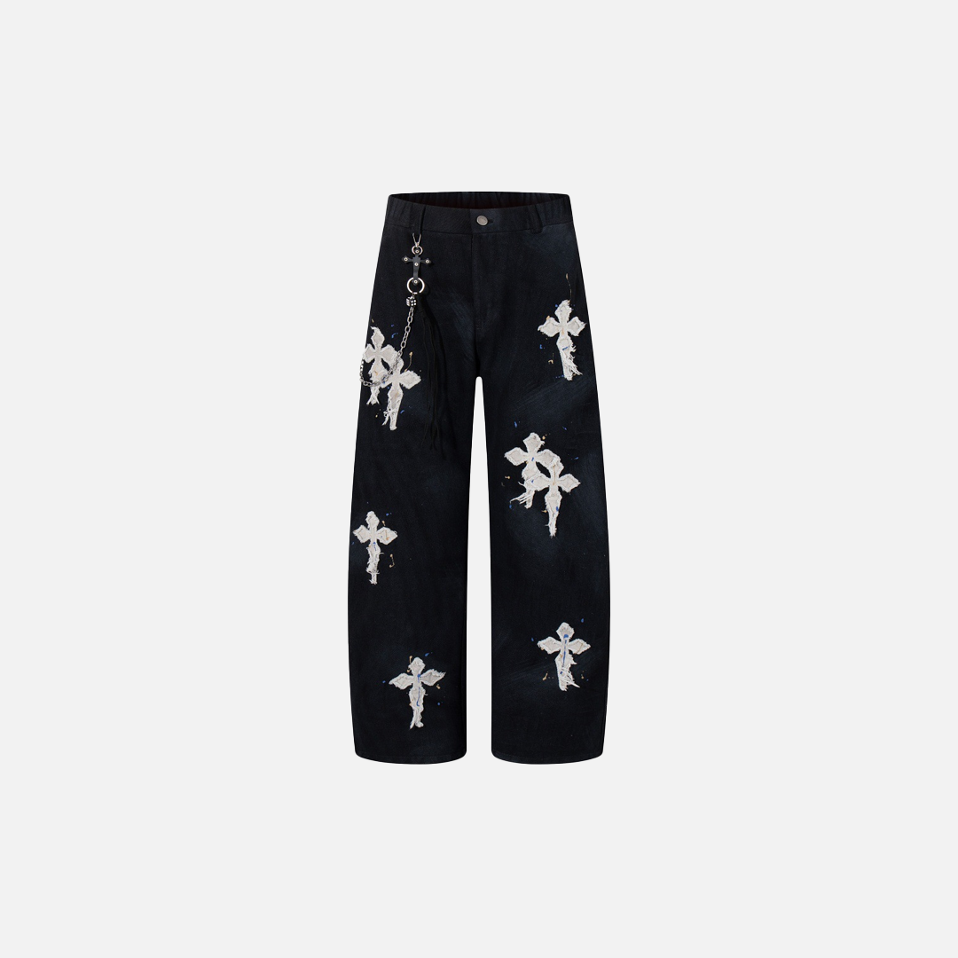 Gothic Cross Embroidered Distressed Denim Jeans - Luxuryurbanwear