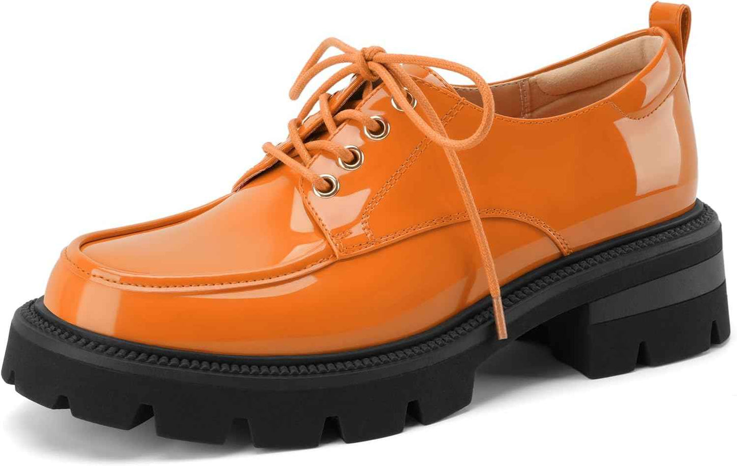 Women's Platform Low Chunky Block Heeled Oxfords Closed Round Toe Lace Up Non-Slip Patent Leather Oxford Heels Lug Sole Casual Dress Comfortable Work Pumps Shoes