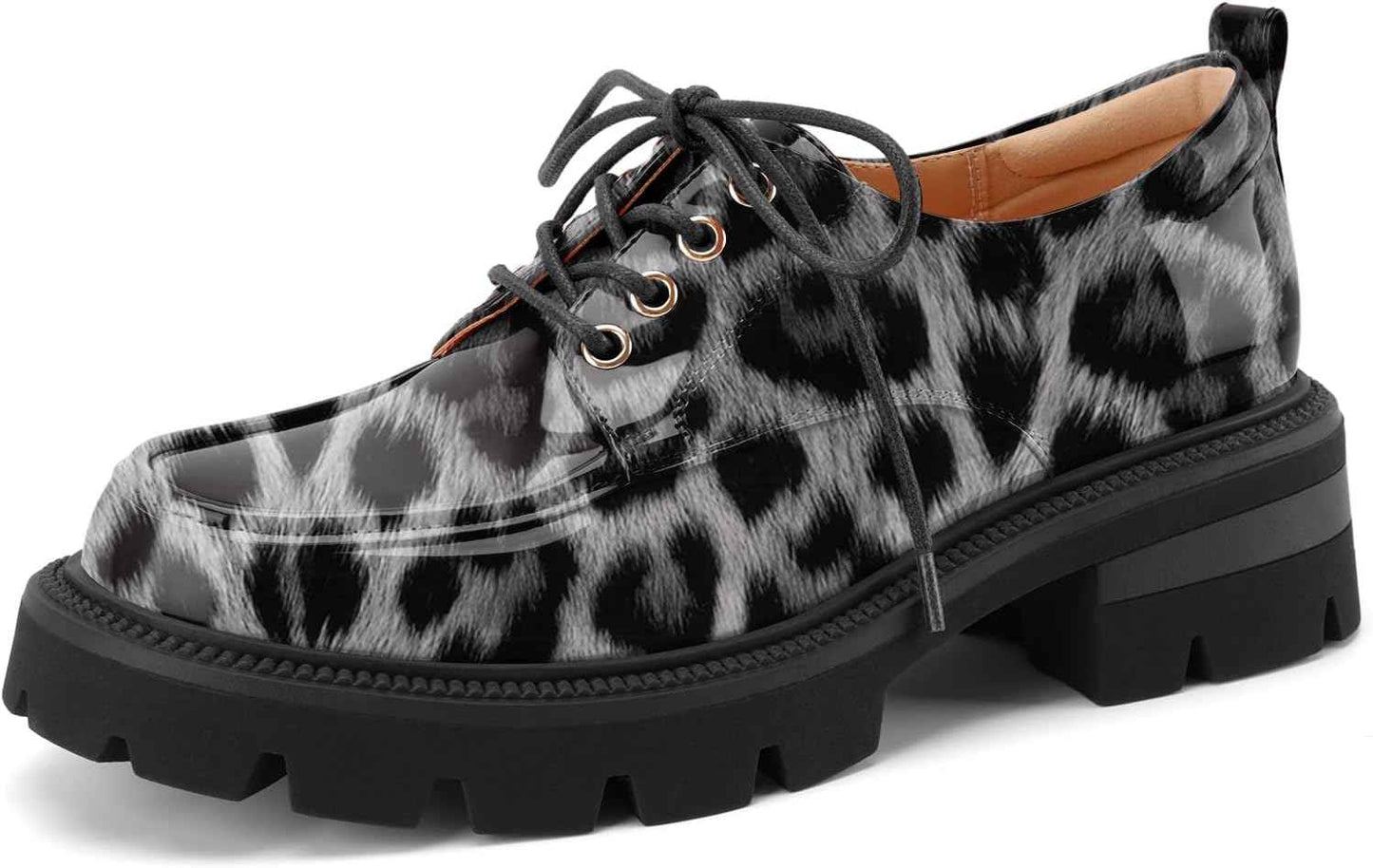 Women's Platform Low Chunky Block Heeled Oxfords Closed Round Toe Lace Up Non-Slip Patent Leather Oxford Heels Lug Sole Casual Dress Comfortable Work Pumps Shoes