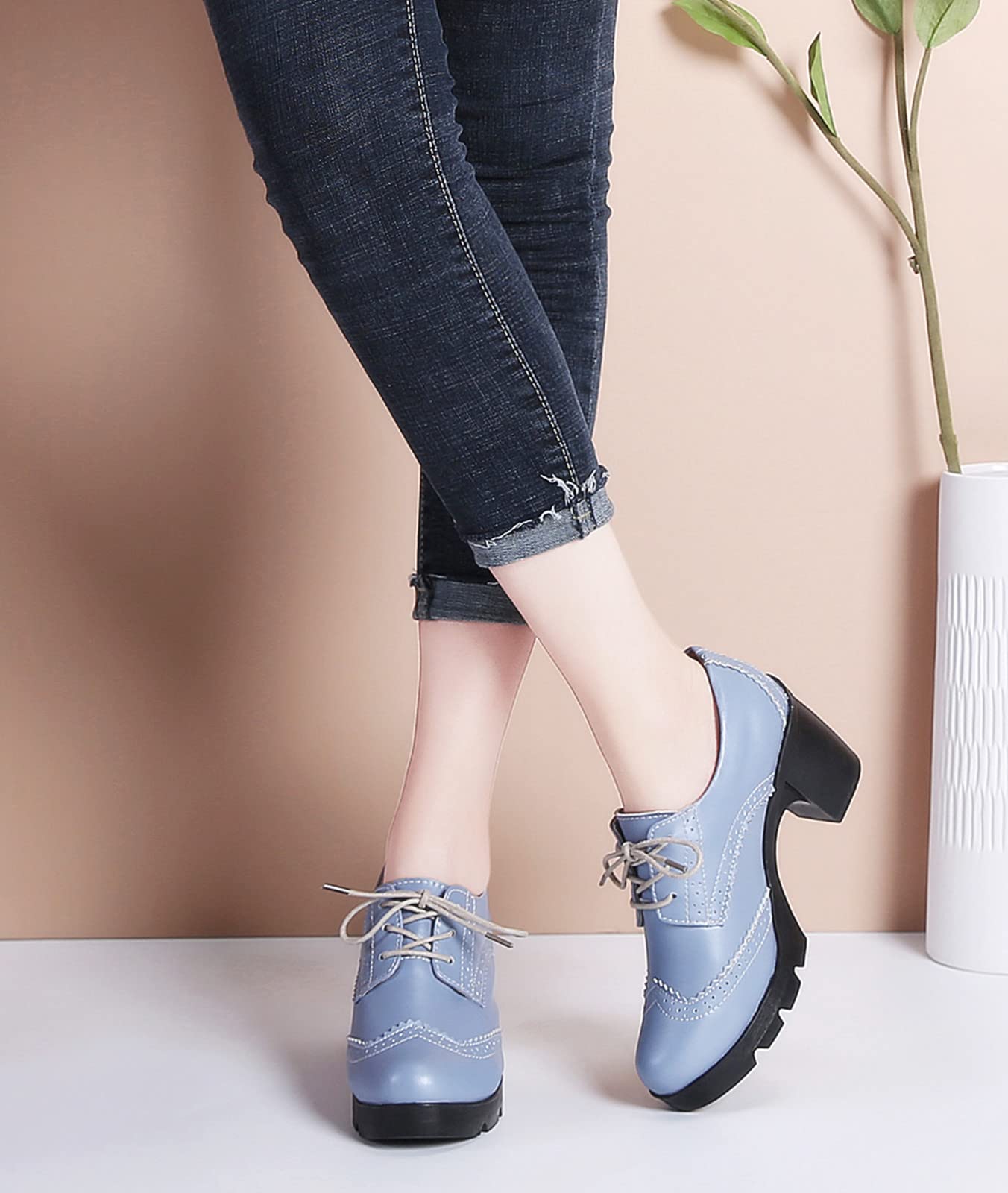 LUW Women's Leather Platform Chunky Oxford Shoes