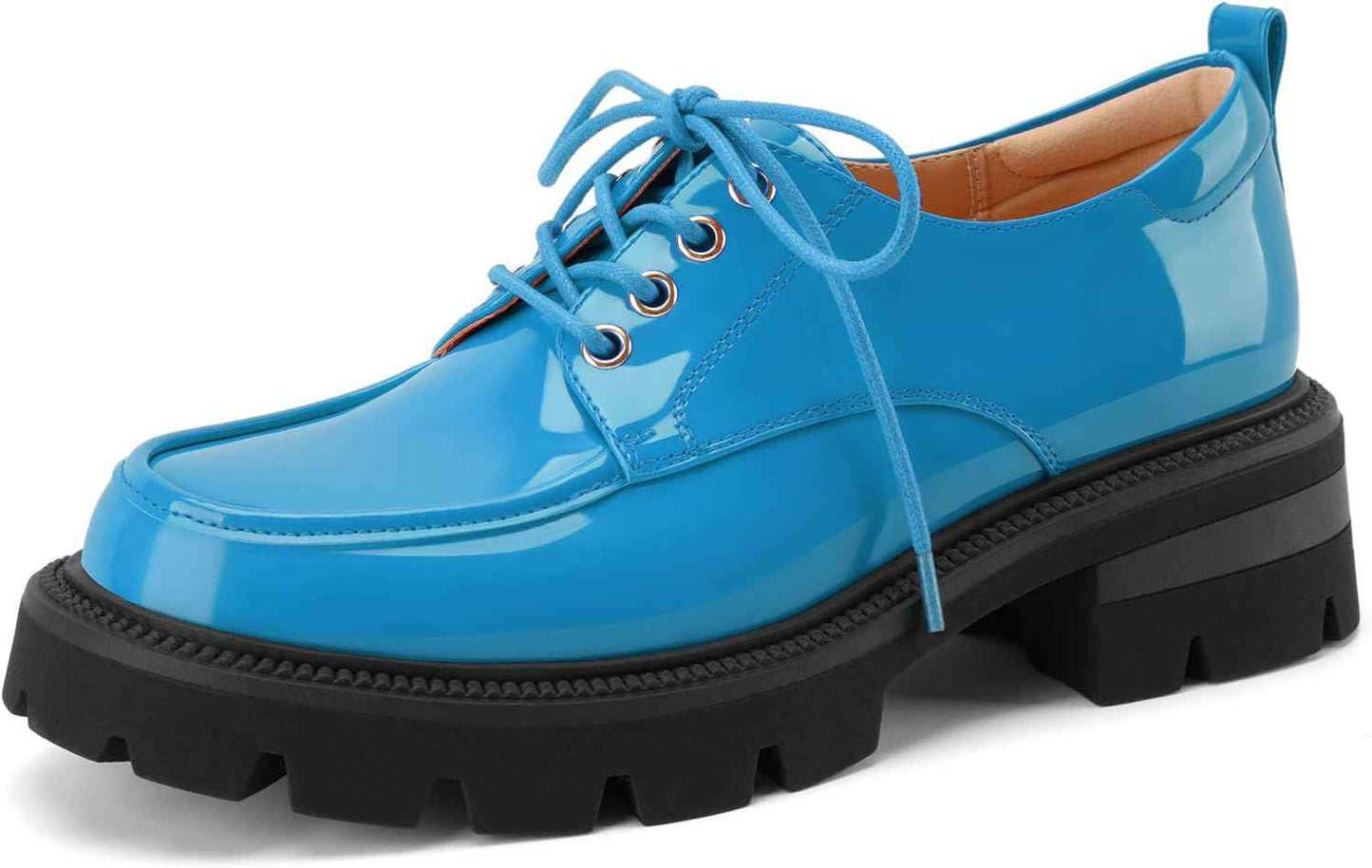 Women's Platform Low Chunky Block Heeled Oxfords Closed Round Toe Lace Up Non-Slip Patent Leather Oxford Heels Lug Sole Casual Dress Comfortable Work Pumps Shoes