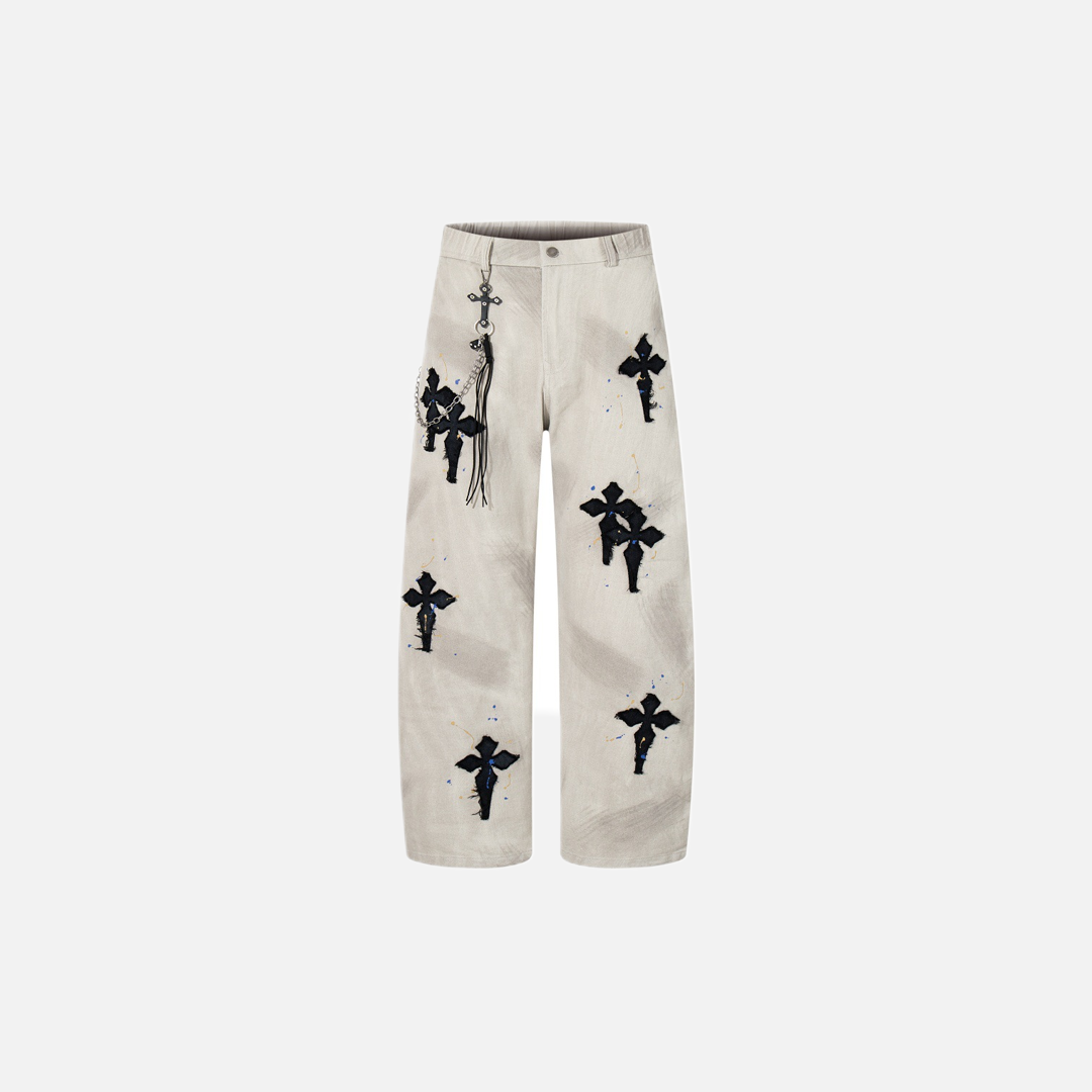 Gothic Cross Embroidered Distressed Denim Jeans - Luxuryurbanwear