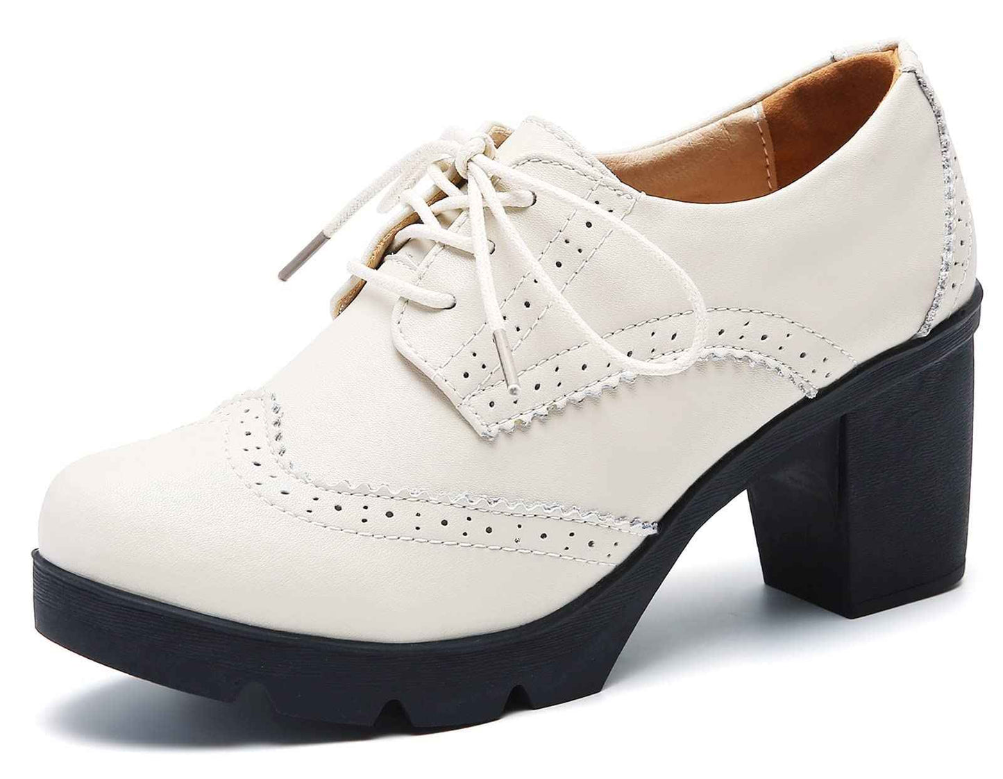 DADAWEN Women's Leather Classic Lace Up Platform Chunky Mid-Heel Square Toe Oxfords Dress Pump Shoes