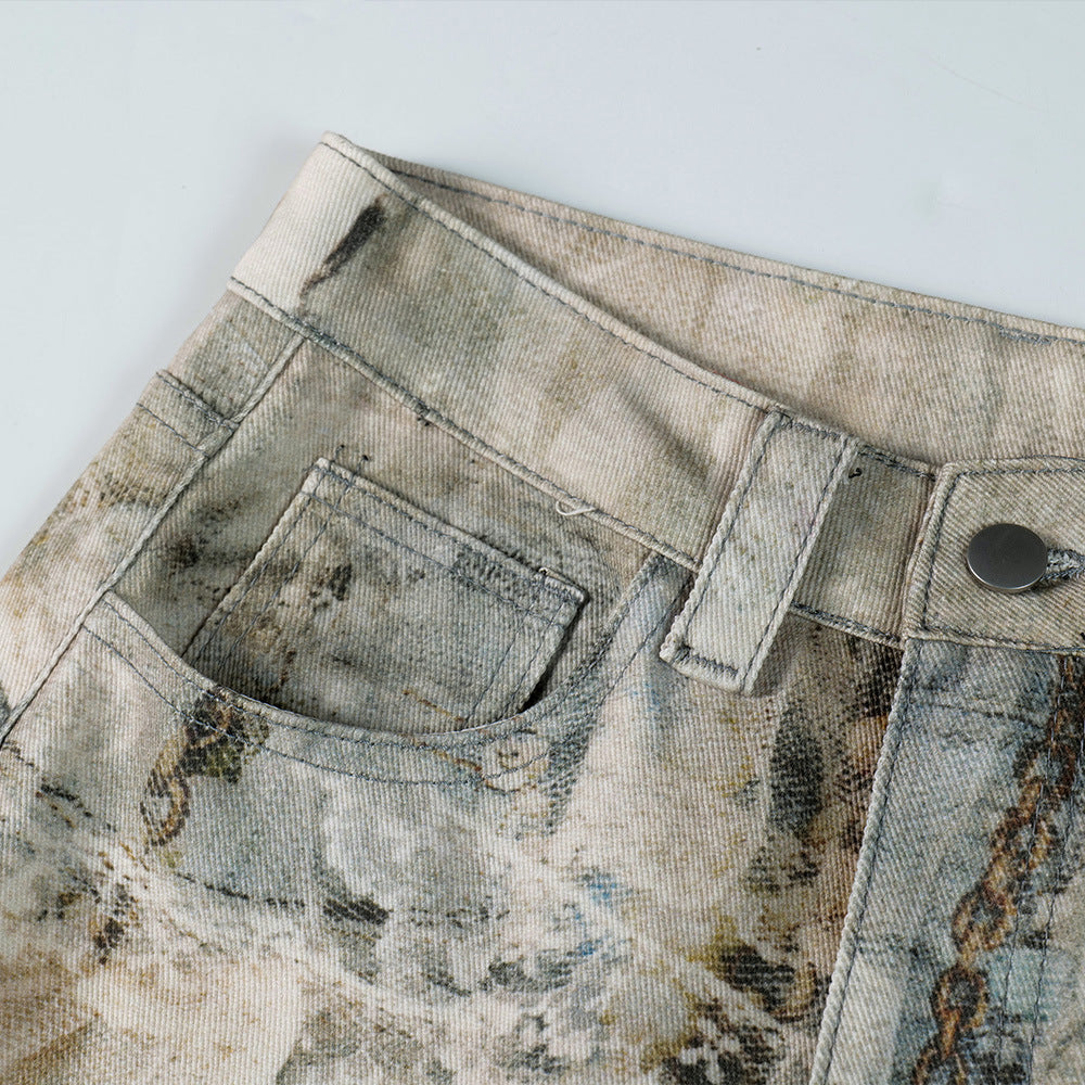 LUW 3D Digital Printed Chain Wide Leg Jeans