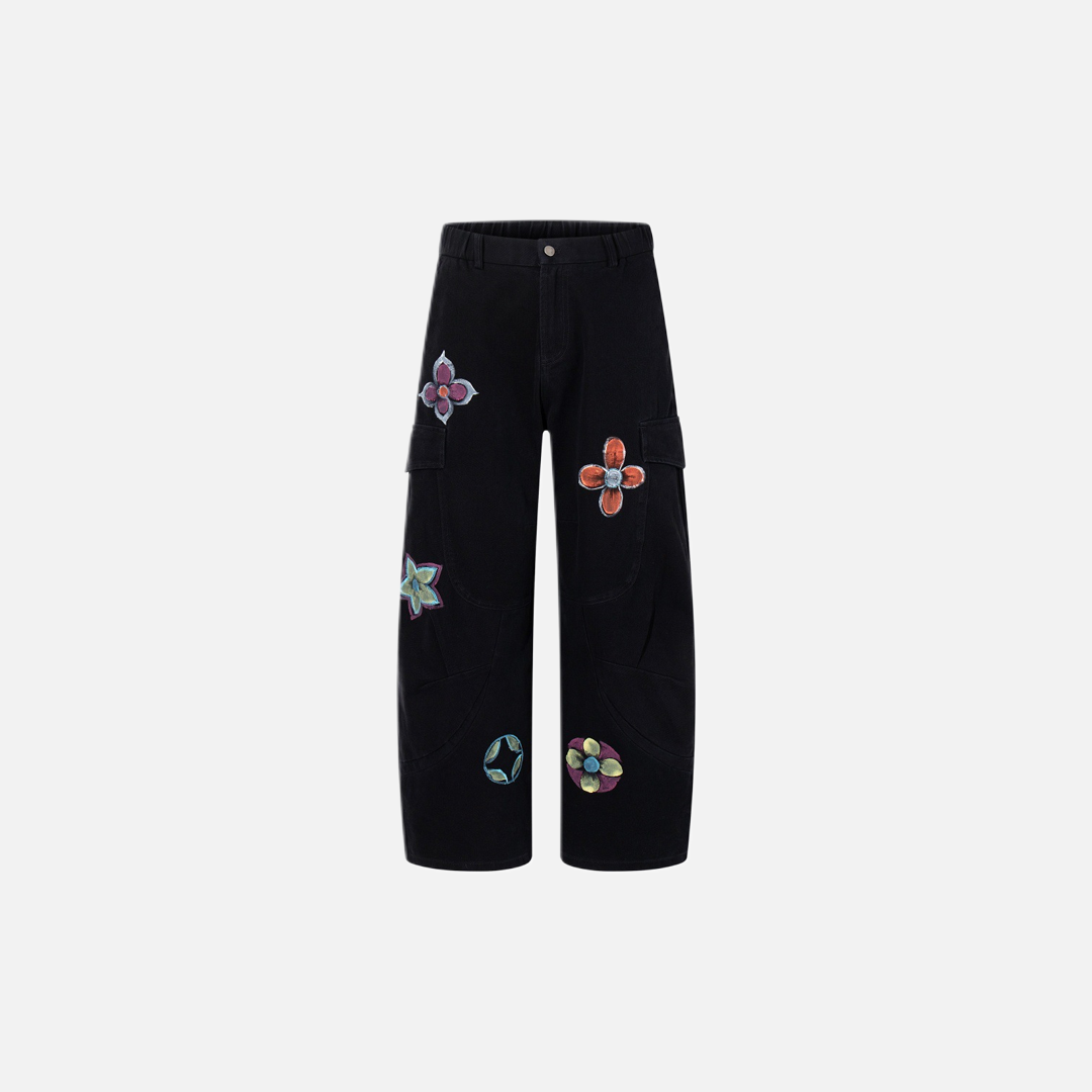 Unique Hand-Painted Floral Design Wide-Leg Cargo Jeans - Luxuryurbanwear