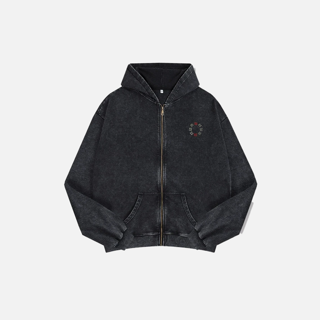 Washed Streetwear Embroidered Zip-Up Hooded Sweatshirt - Luxuryurbanwear