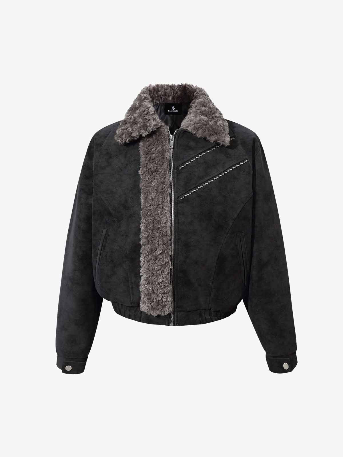 Retro Suede Texture Shearling Collar Fleece Bomber Jacket - Luxuryurbanwear