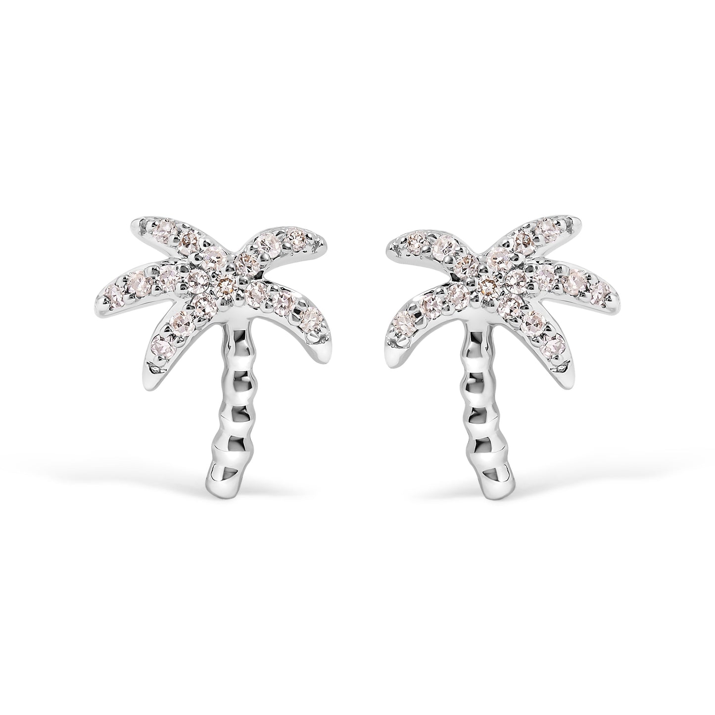 10K White Gold 1/10 Cttw Diamond Encrusted Palm Tree Stud Earrings (H-I Color, I1-I2 Clarity)