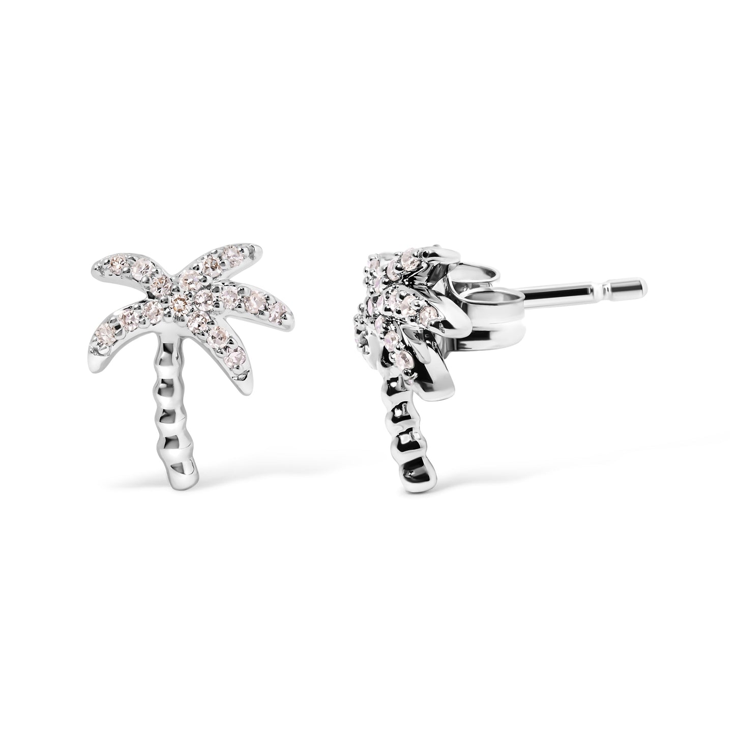 10K White Gold 1/10 Cttw Diamond Encrusted Palm Tree Stud Earrings (H-I Color, I1-I2 Clarity)