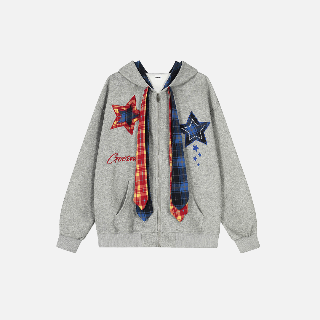 Men Embroidered Plaid Patchwork Hooded Sweatshirt - Luxuryurbanwear