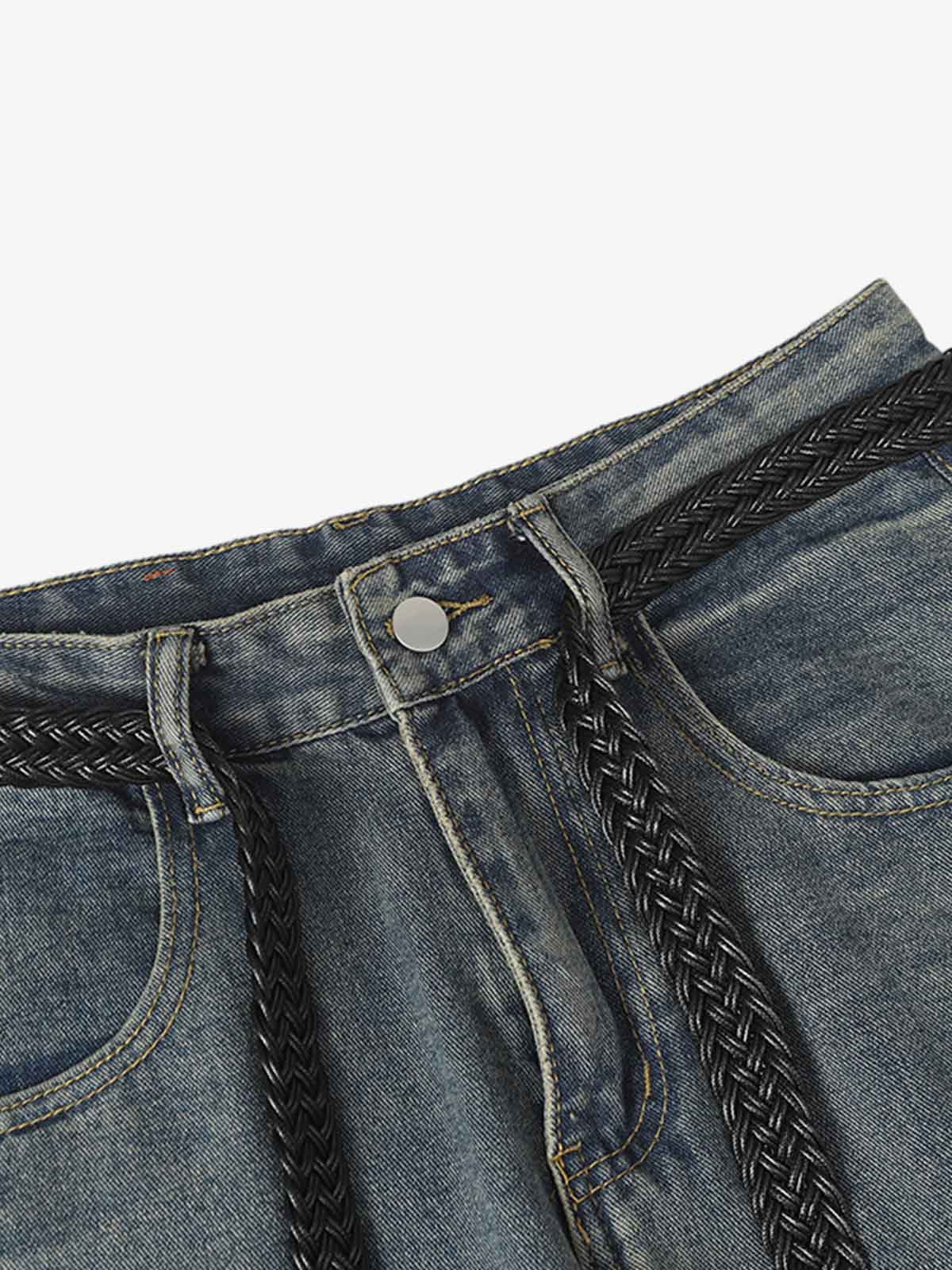 Braided Drawstring Waist Patchwork Cargo Jeans - Luxuryurbanwear