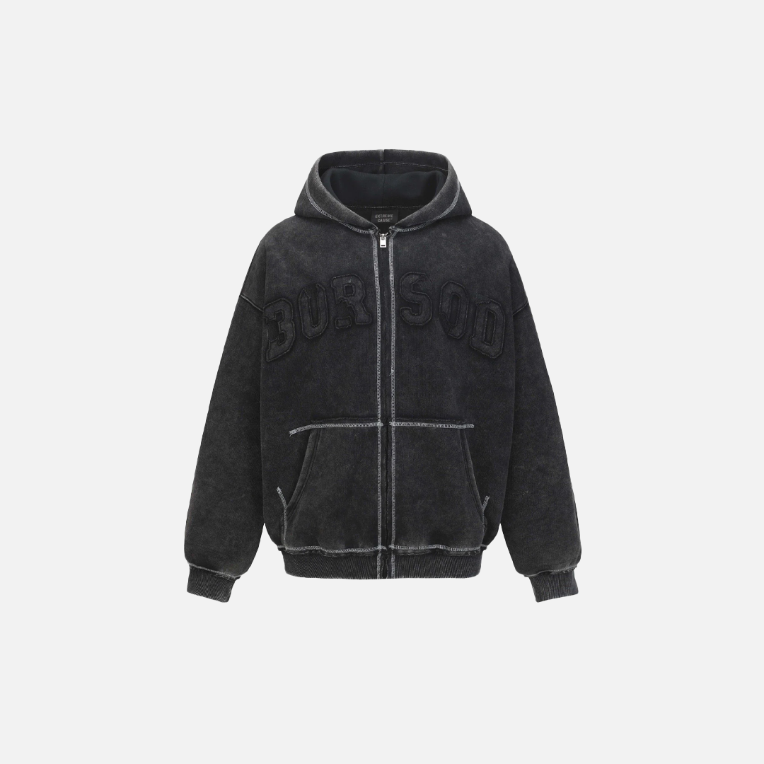 Washed Plush Embroidered Zip-Up Hooded Sweatshirt - Luxuryurbanwear