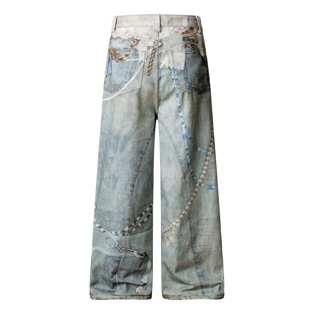 LUW 3D Digital Printed Chain Wide Leg Jeans
