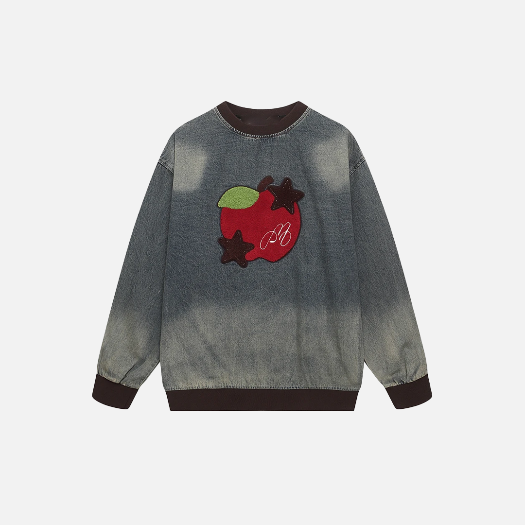 Y2K Starry Apple Embroidered Denim Sweatshirt - Luxuryurbanwear