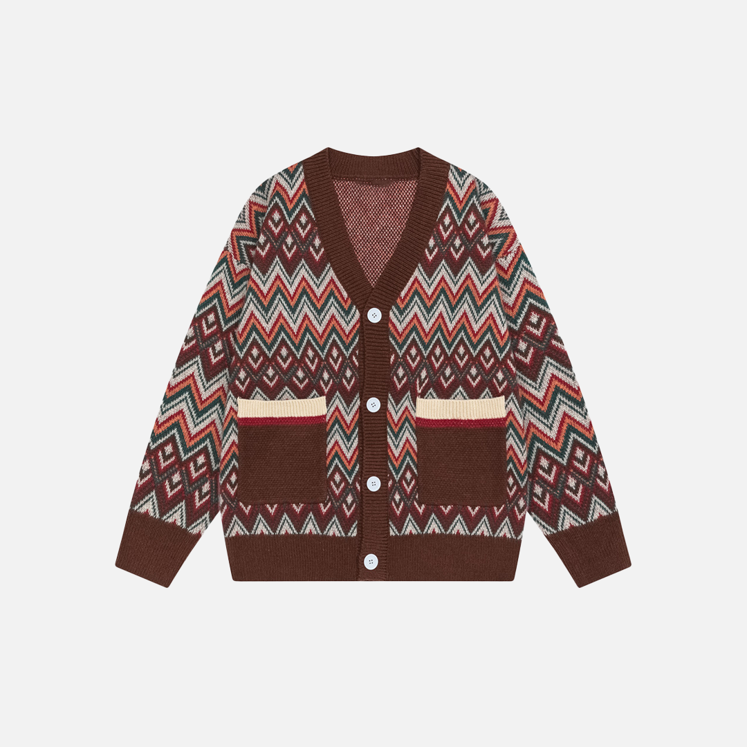 Ethnic Jacquard Knitted V-Neck Cardigan - Luxuryurbanwear