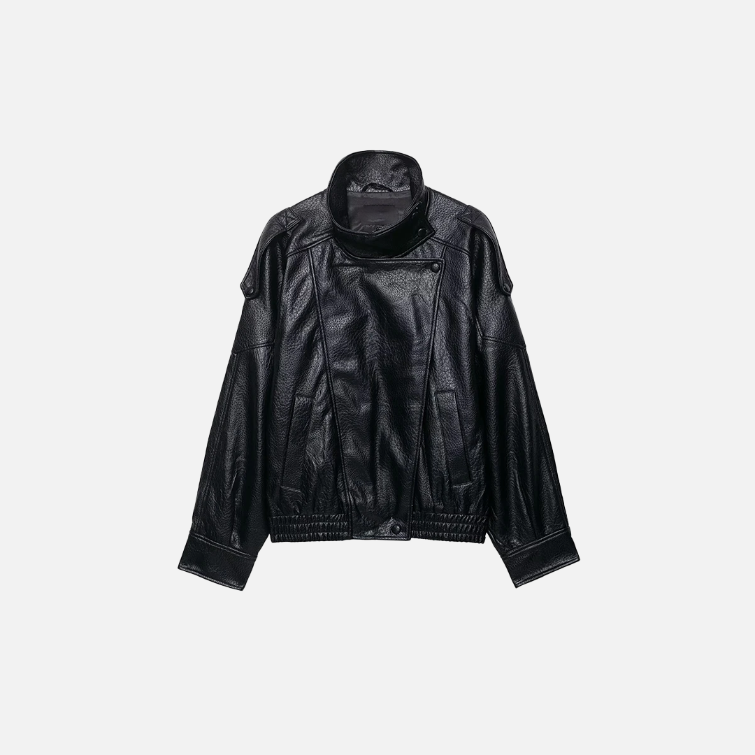 Versatile Plush Black PU Leather Zipper Jacket - Luxuryurbanwear