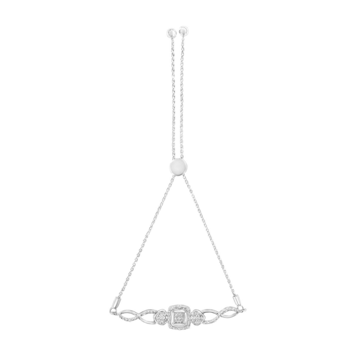 .925 Sterling Silver Diamond Cushion Frame Heart-Sides Twist 4â€-10†Adjustable Bolo Tennis Bolo Bracelet (I-J Color, I3 Clarity)