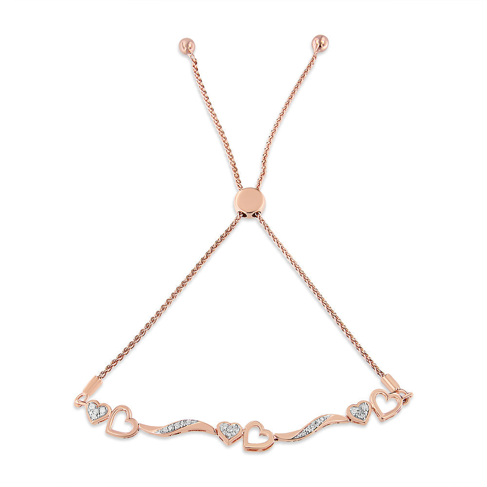 14K Rose Gold Plated .925 Sterling Silver 1/10 Cttw Diamond Wave and Hearts 4â€-10†Adjustable Bolo Bracelet (I-J Color, I3 Clarity)