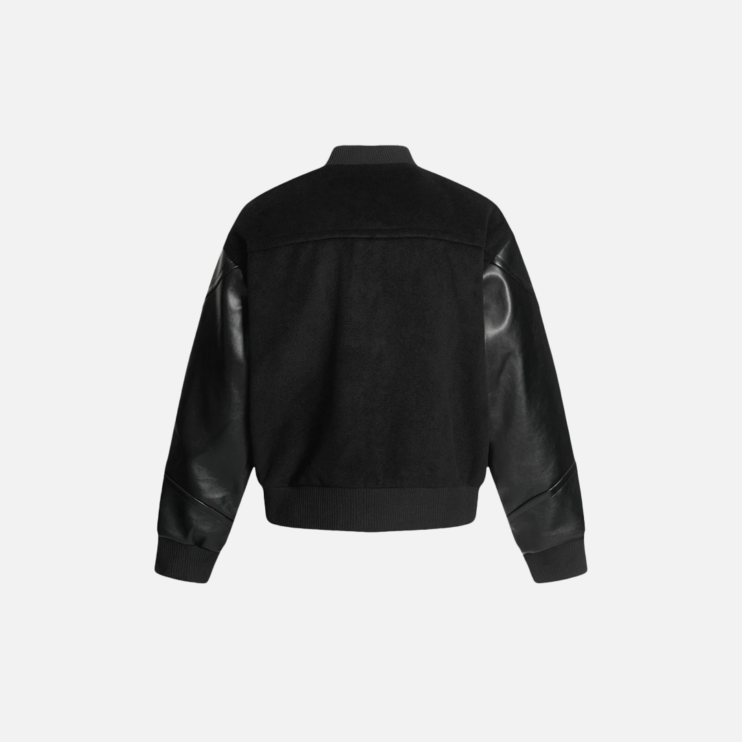 Streetwear Stylish Patchwork Black Leather Varsity Jacket - Luxuryurbanwear