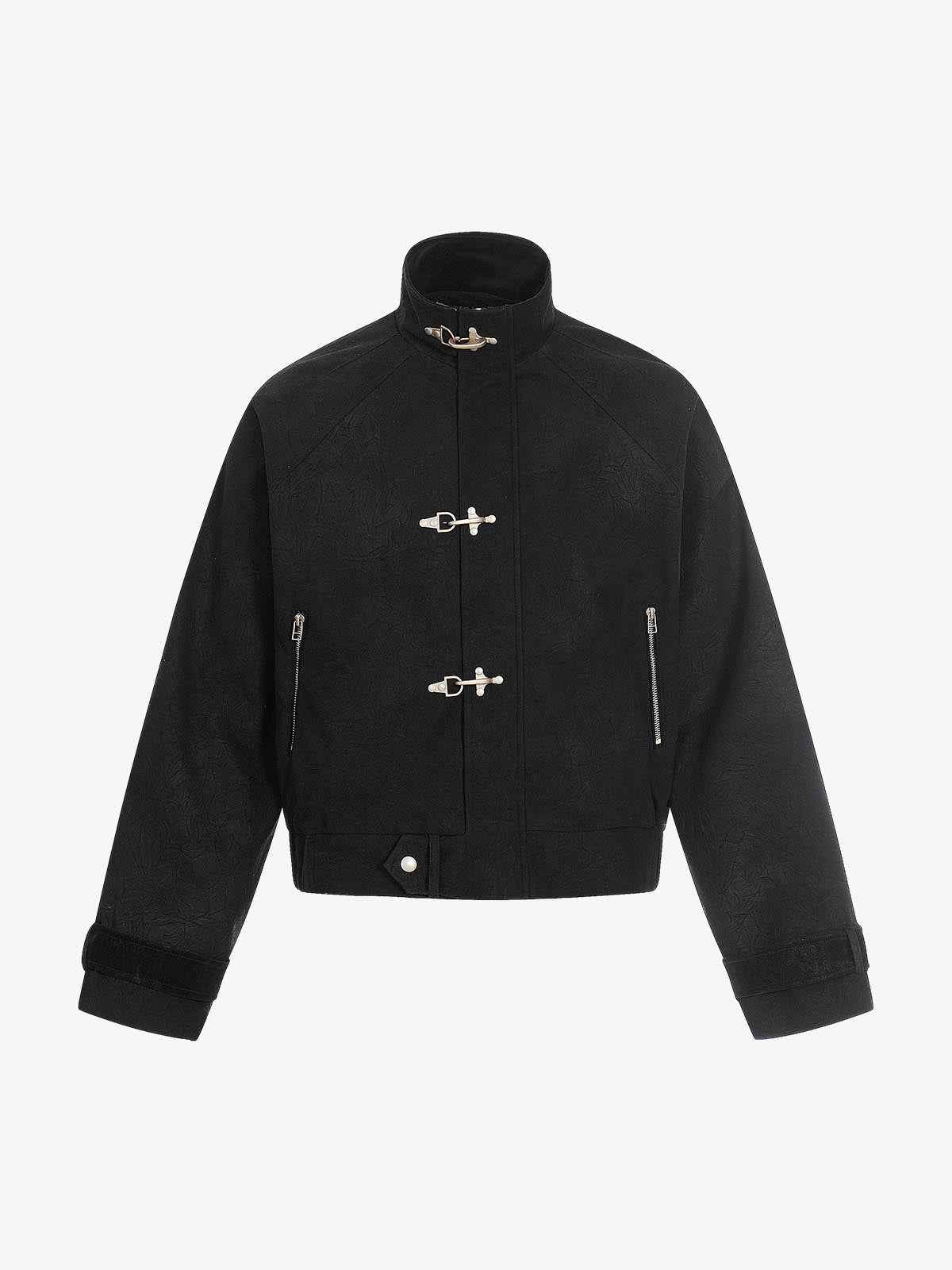 Textured Faux Leather Stand Collar Metal Buckle Jacket