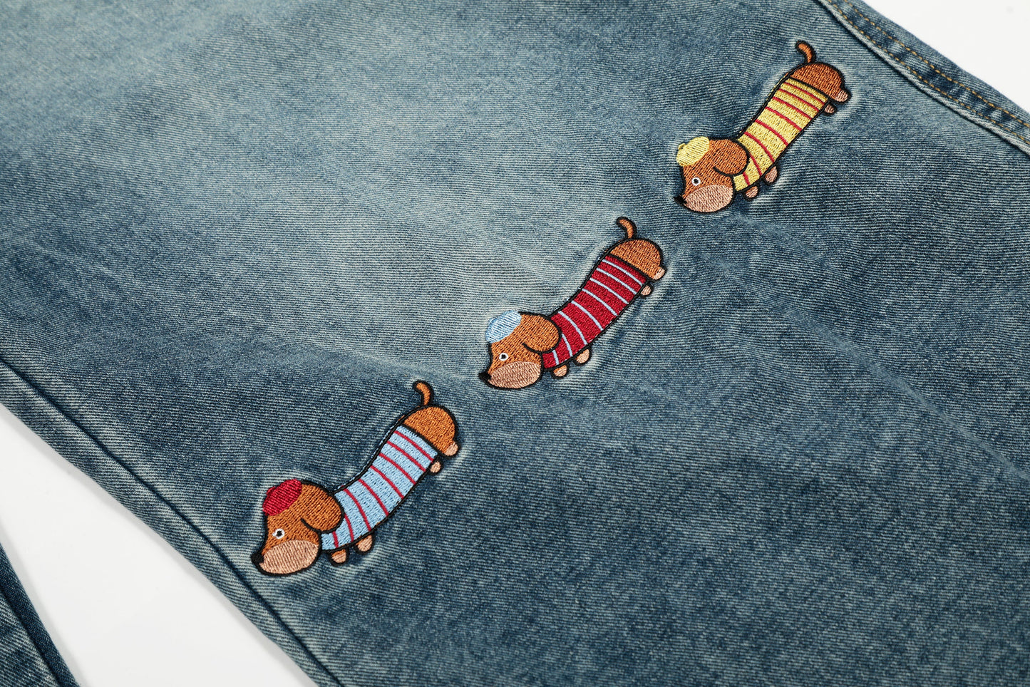 Pup Parade | Playful Dog Embroidered Denim Pants - Luxuryurbanwear