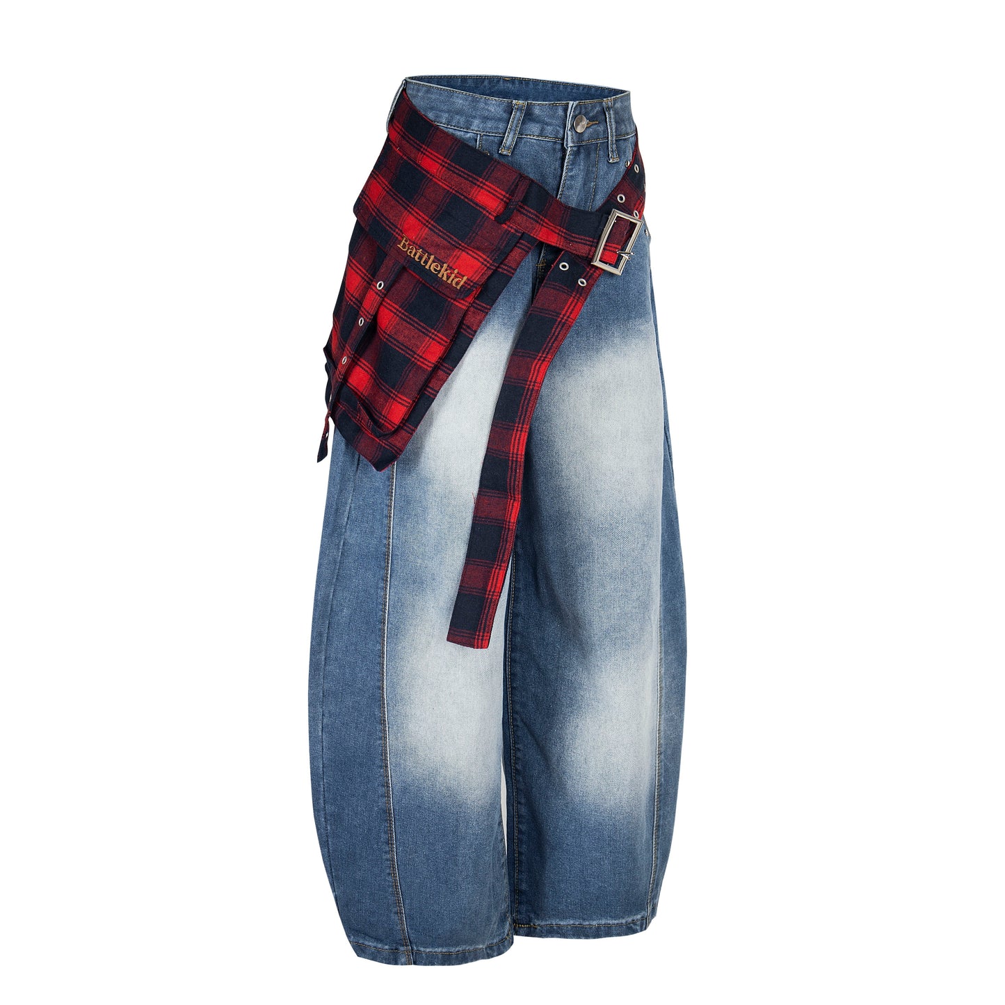 Plaid Reign | Wide-Leg Denim Trousers with Flannel Accent - Luxuryurbanwear