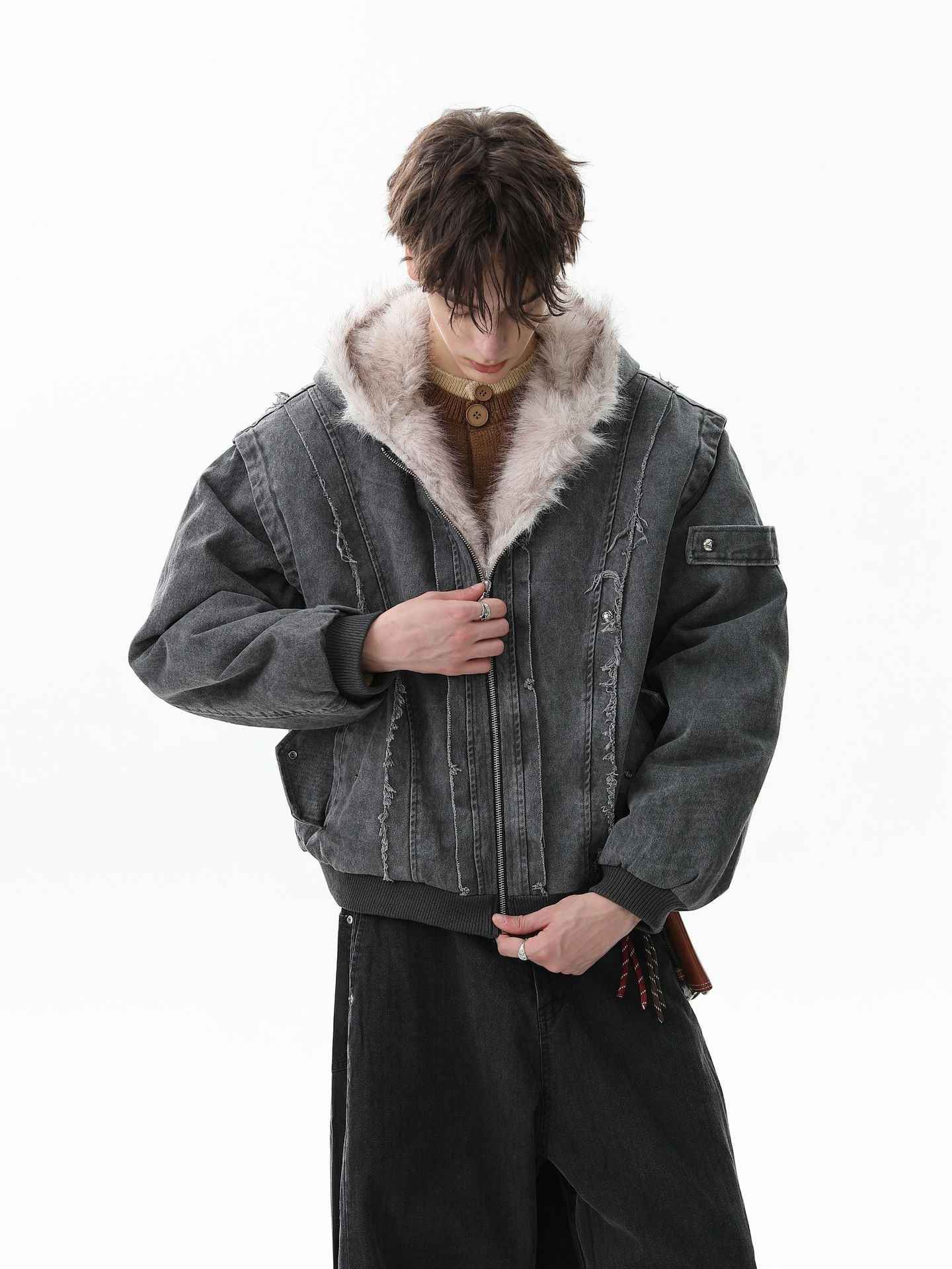 Retro Washed Fleece-lined Hooded Work Jacket