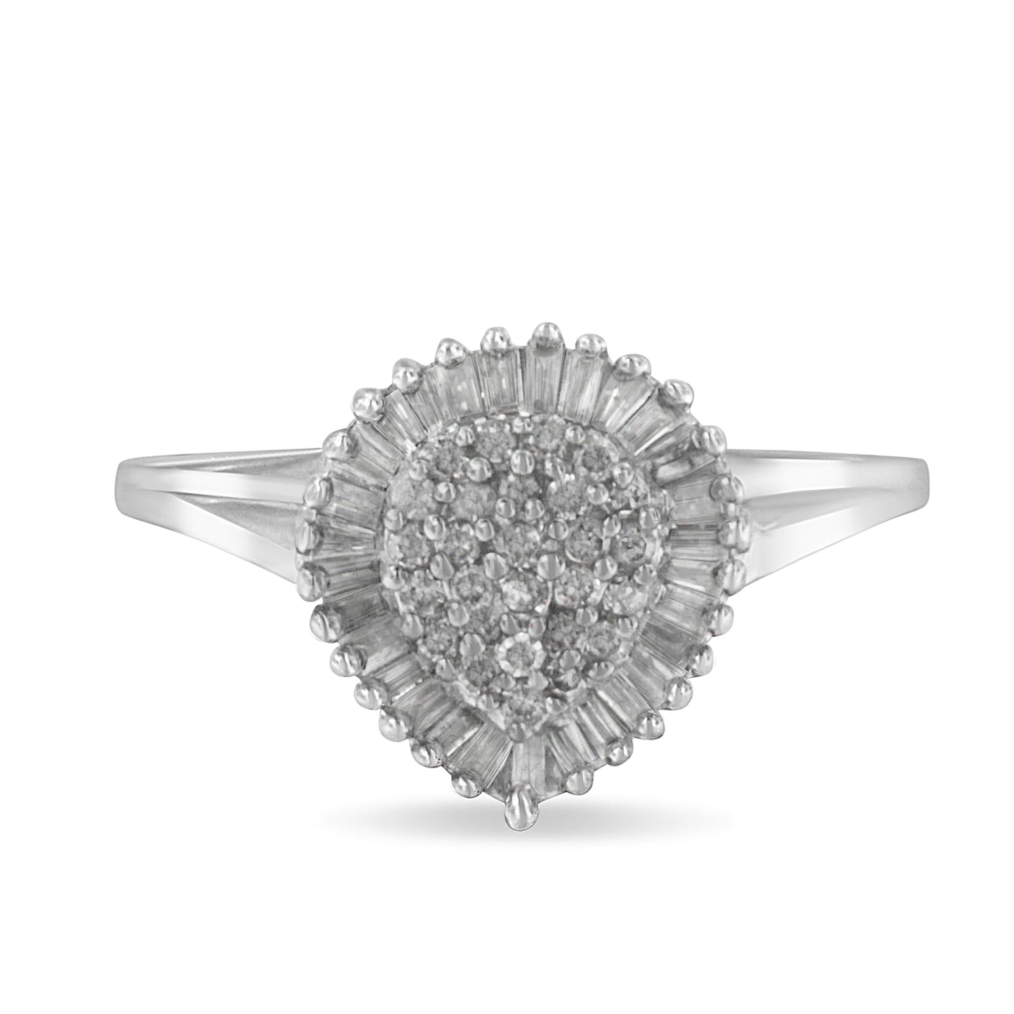 10K White Gold 1/2 Cttw Round & Baguette Cut Diamond Pear Shaped Domed Pavé Cluster with Halo Cocktail Ring (H-I Color, SI1-SI2 Clarity) - Size 5
