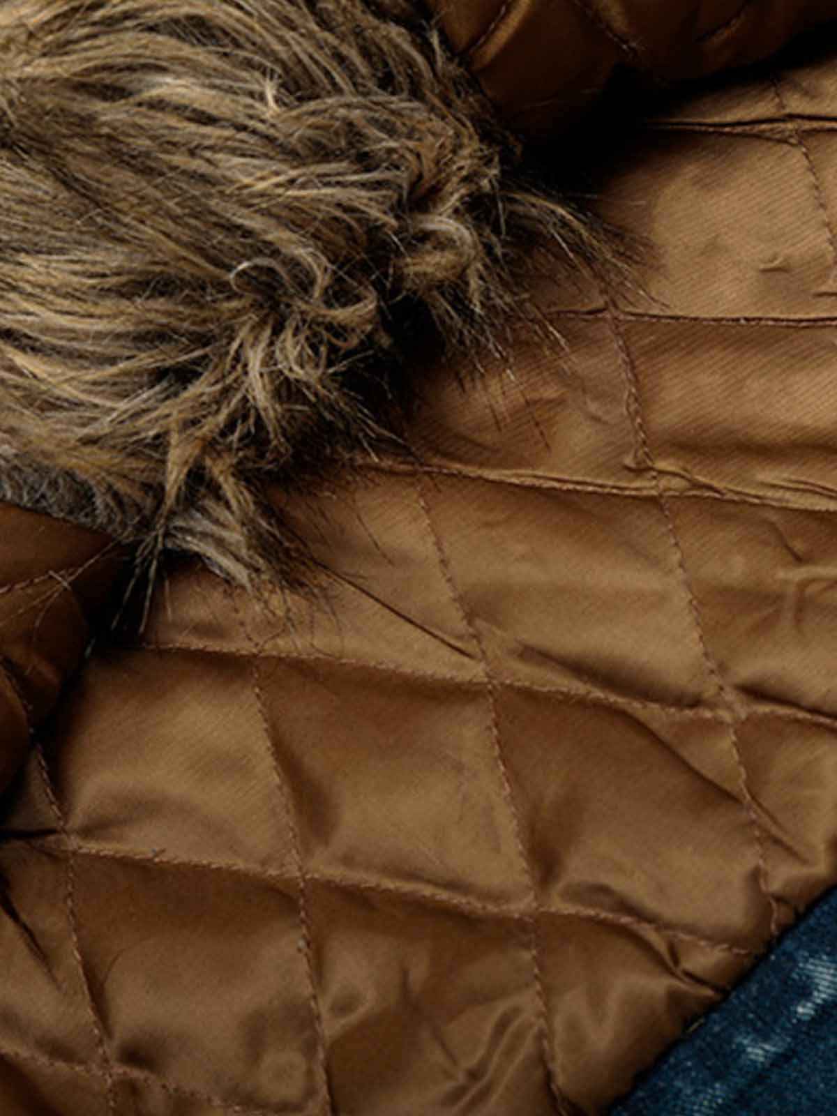 Vintage Faux Fur Trim Washed Padded Denim Jacket