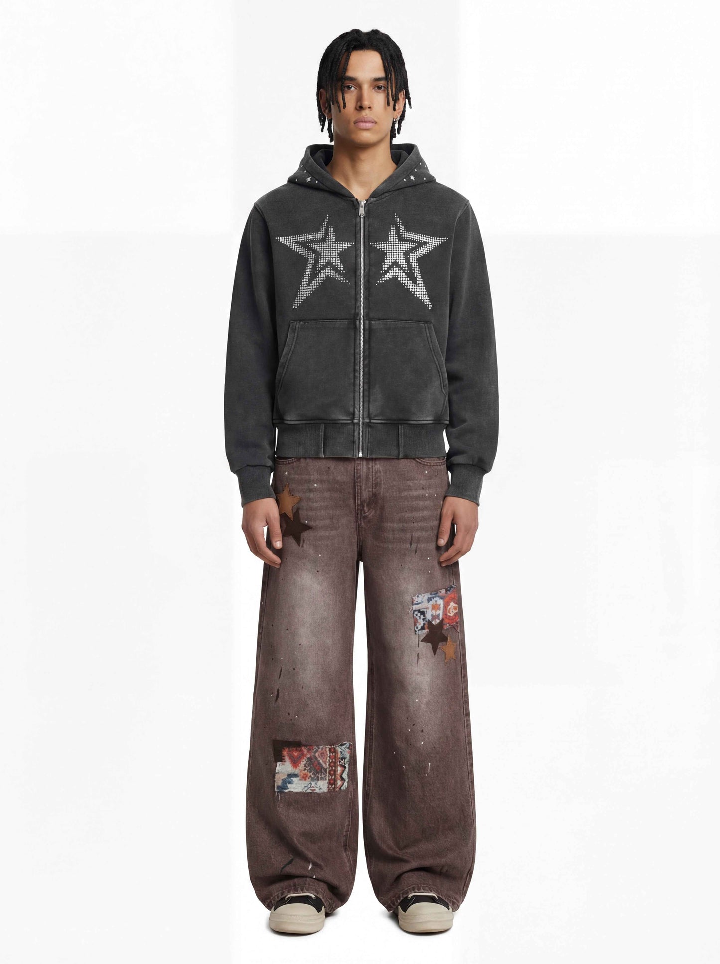 Retro Patchwork Washed Wide Leg Denim Jeans