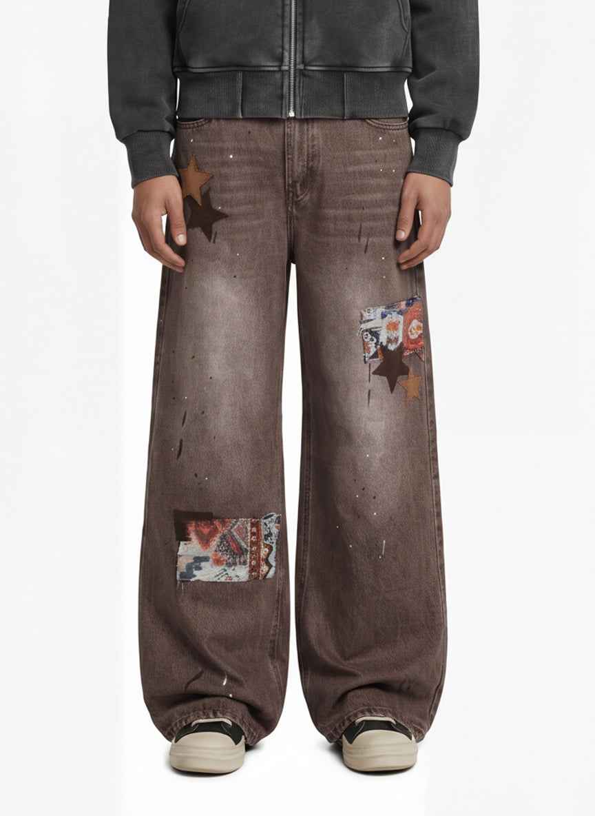 Retro Patchwork Washed Wide Leg Denim Jeans