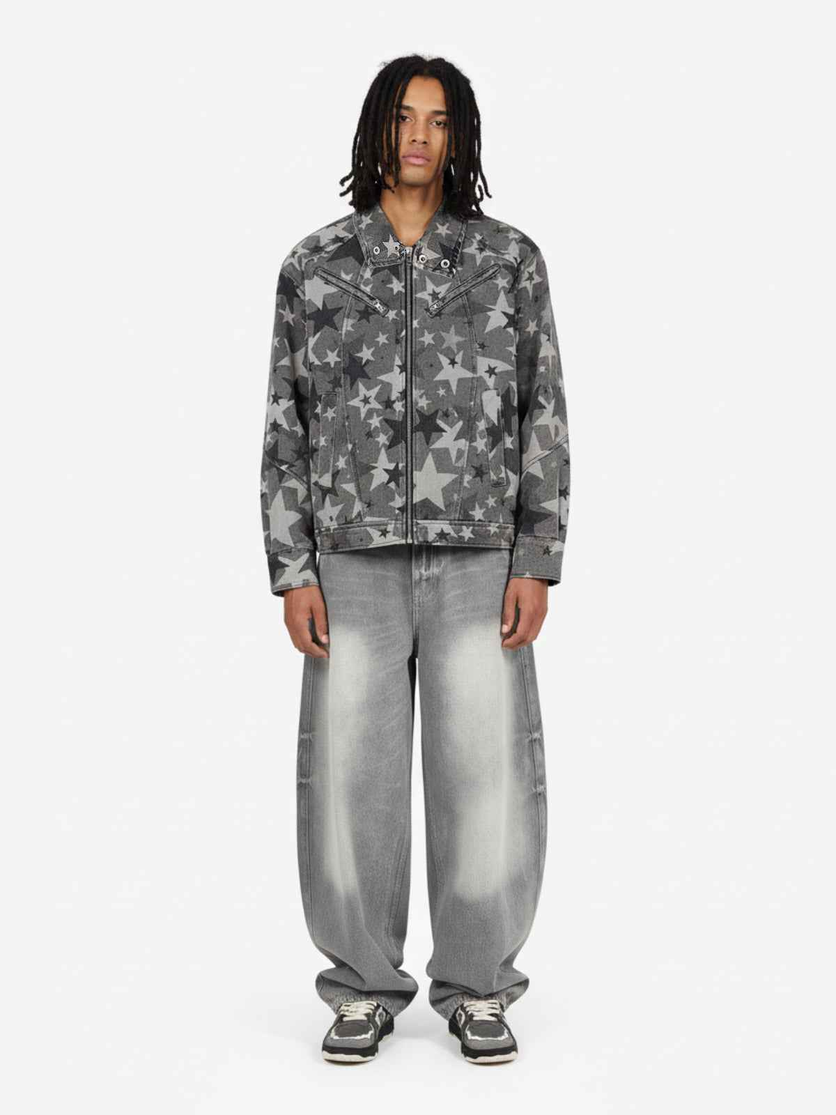 Retro Washed Distressed Curved Blade Wide-Leg Jeans