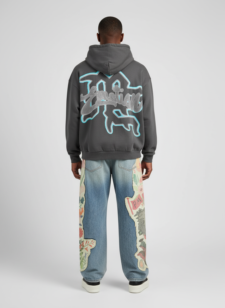 Vintage Blindfolded Angel Rhinestone Zip-Up Hoodie - Luxuryurbanwear