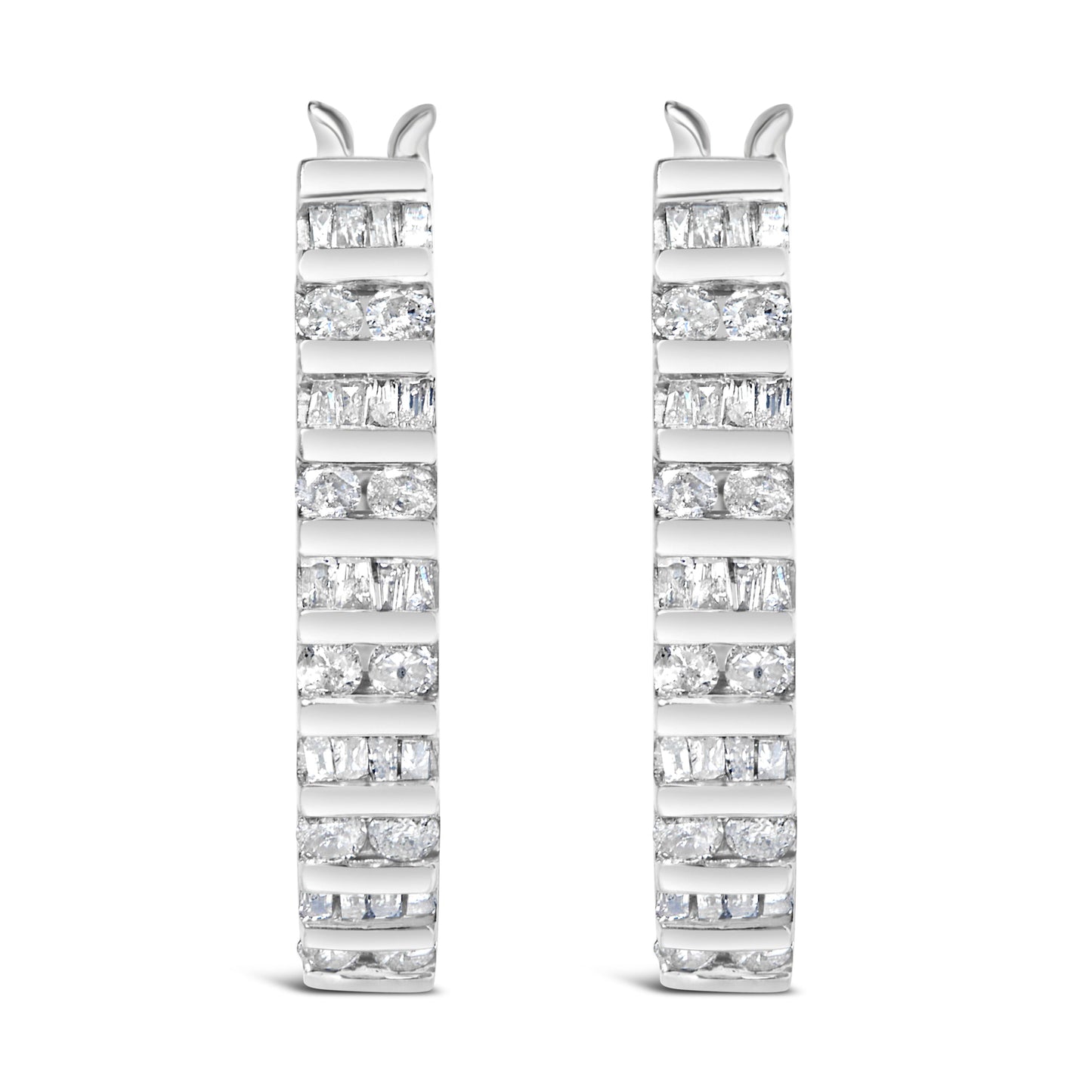 10K White Gold 1.0 Cttw Alternating Diamond "U" Hoop Earrings (I-J Color, I2-I3 Clarity)
