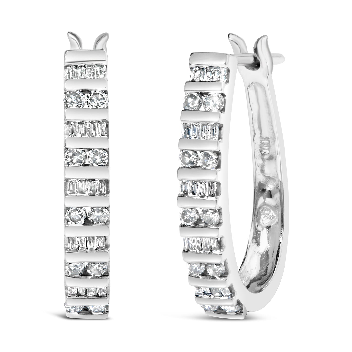10K White Gold 1.0 Cttw Alternating Diamond "U" Hoop Earrings (I-J Color, I2-I3 Clarity)