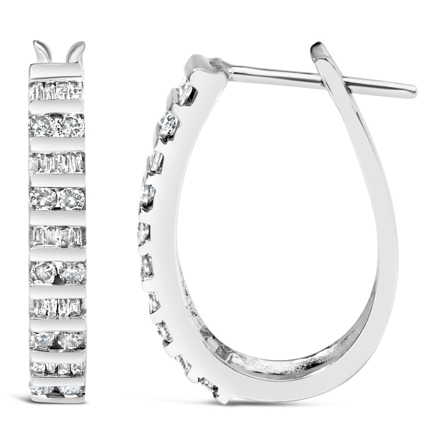 10K White Gold 1.0 Cttw Alternating Diamond "U" Hoop Earrings (I-J Color, I2-I3 Clarity)